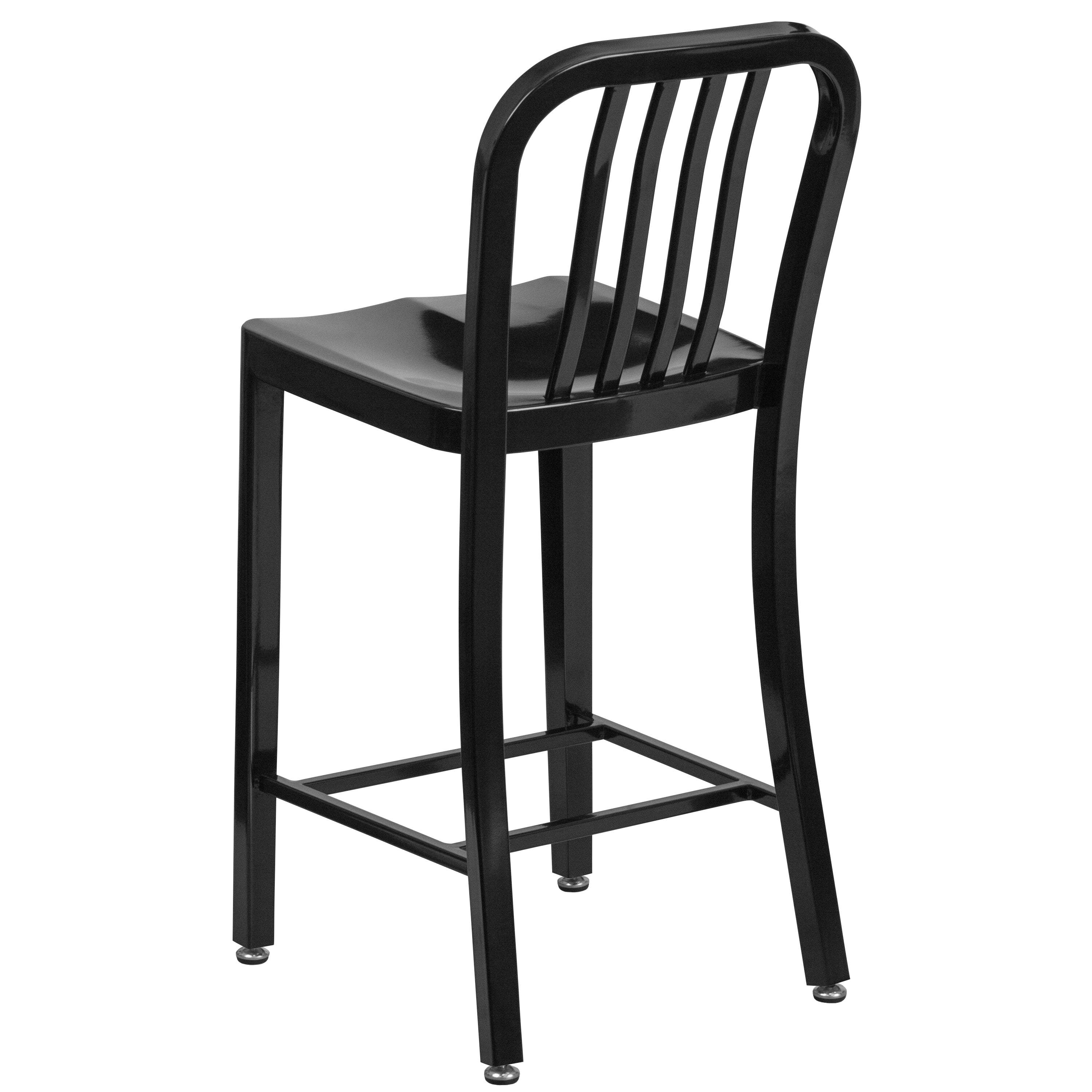 Gael Commercial Grade 24" High Black Metal Indoor-Outdoor Counter Height Stool with Vertical Slat Back