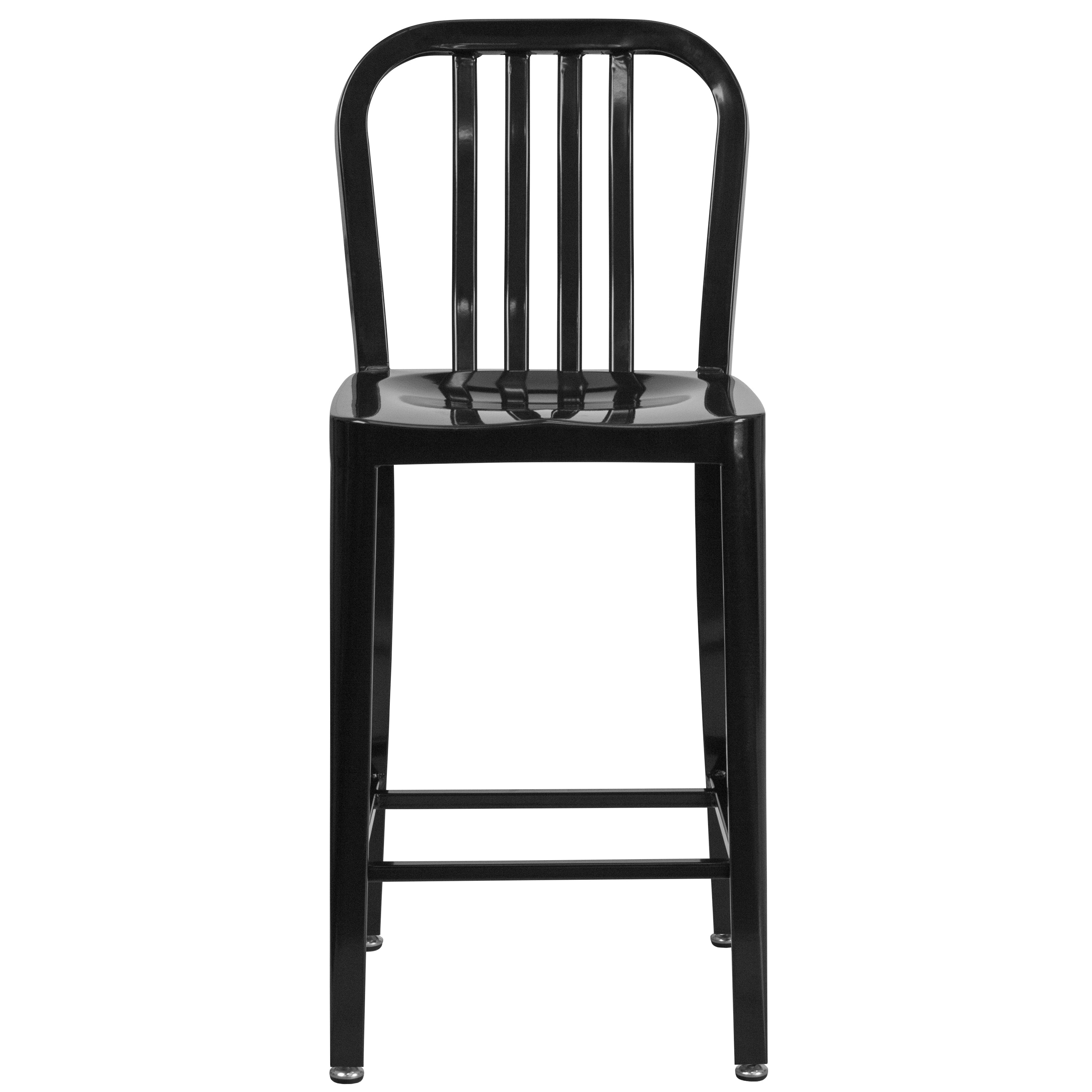 Gael Commercial Grade 24" High Black Metal Indoor-Outdoor Counter Height Stool with Vertical Slat Back