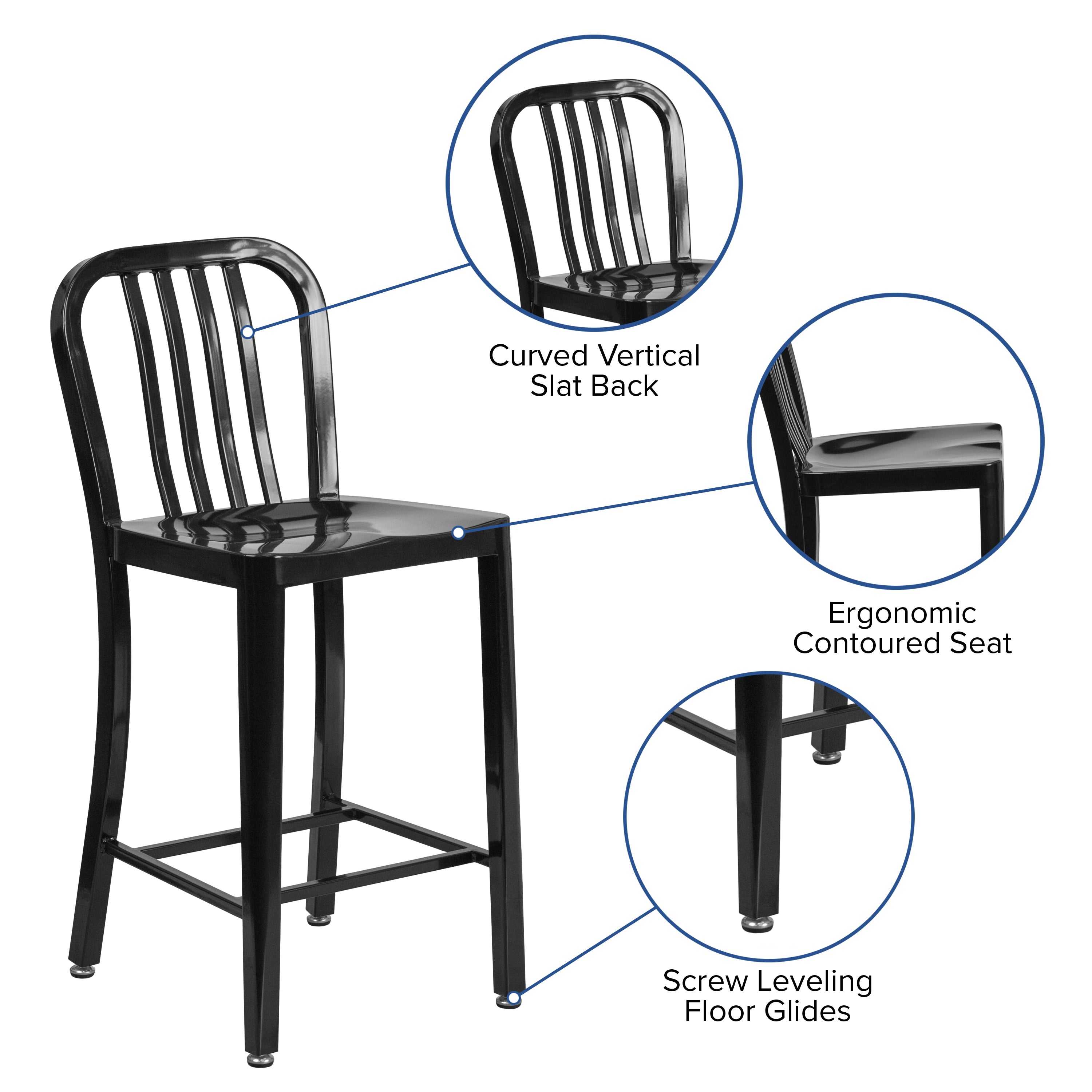 Gael Commercial Grade 24" High Black Metal Indoor-Outdoor Counter Height Stool with Vertical Slat Back