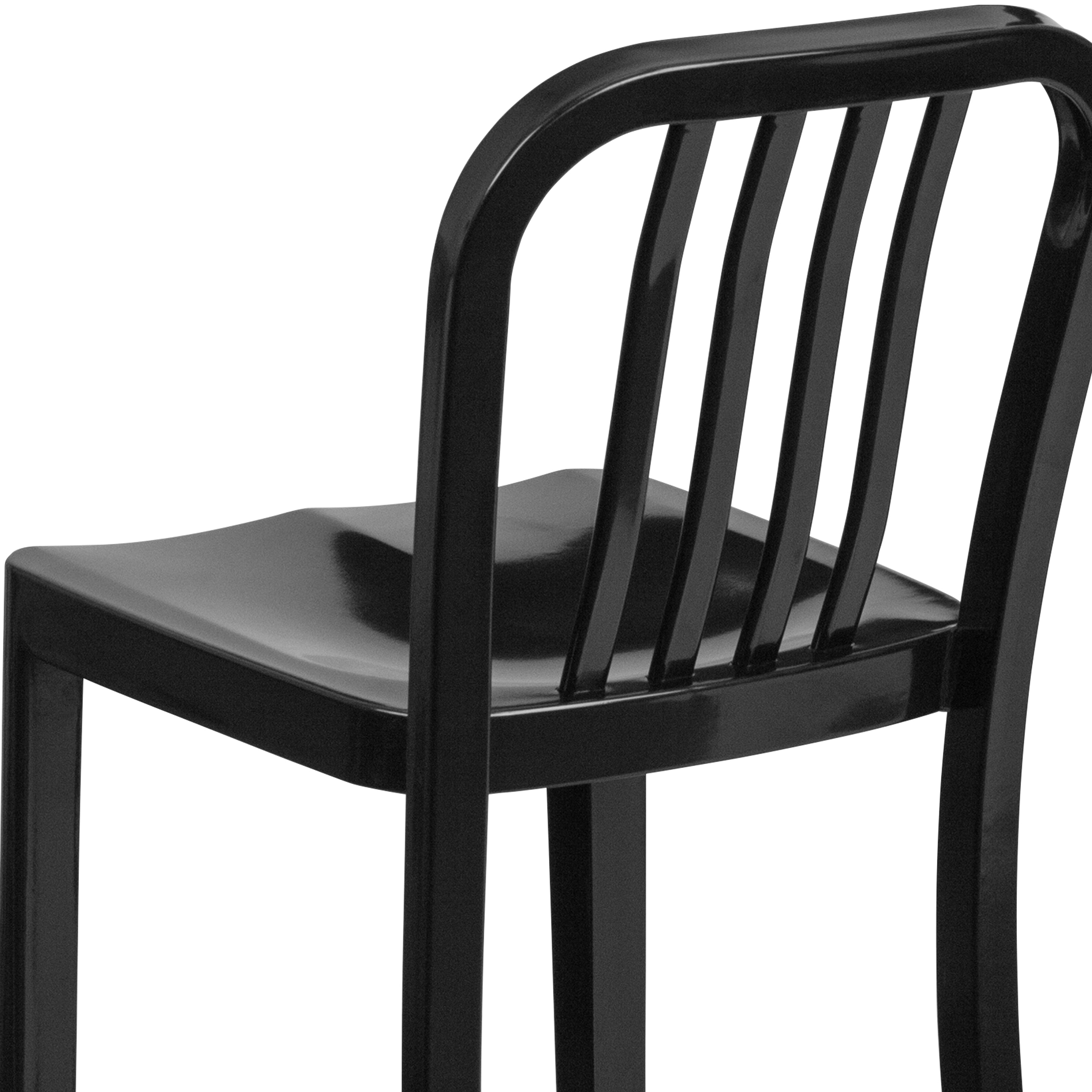 Gael Commercial Grade 24" High Black Metal Indoor-Outdoor Counter Height Stool with Vertical Slat Back