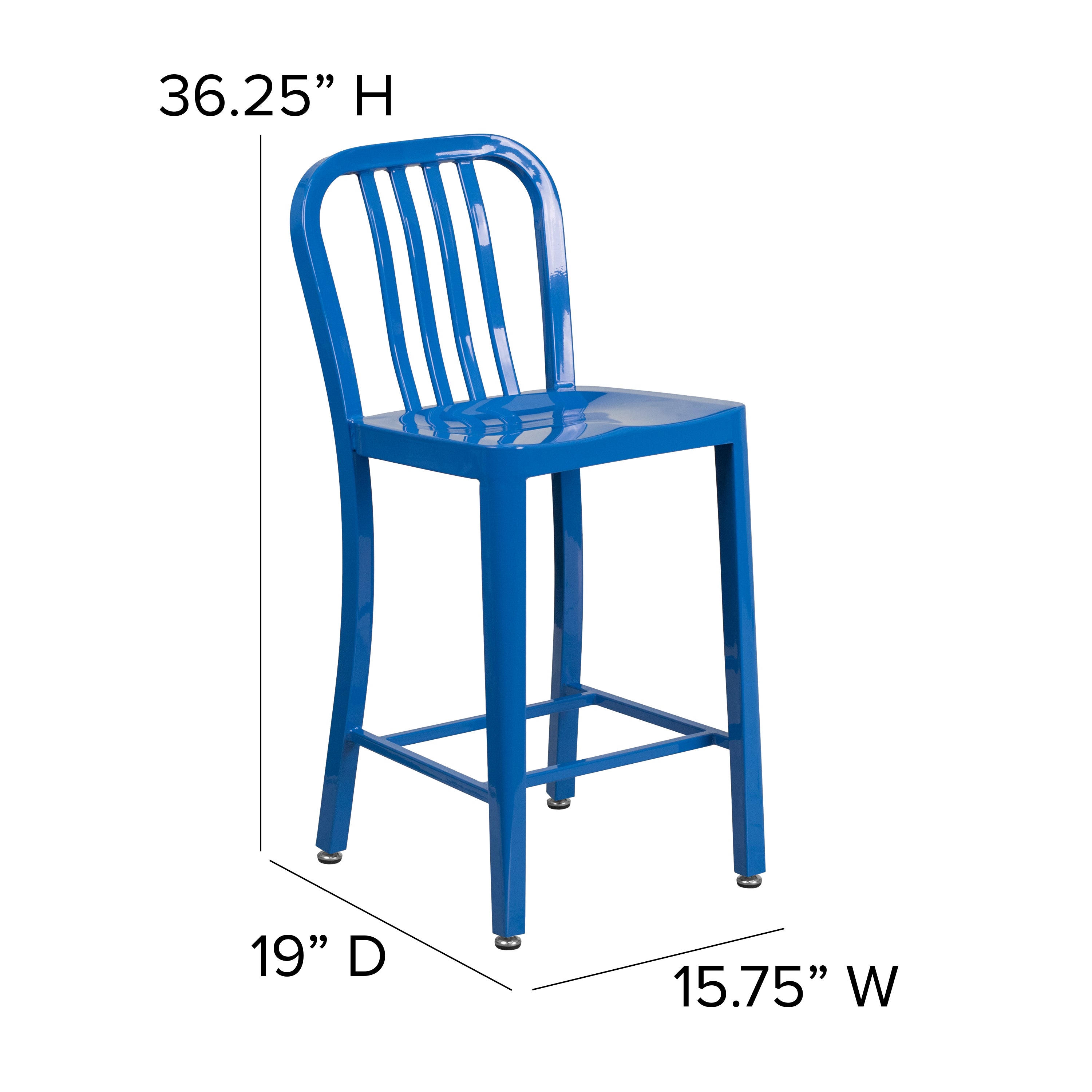 Gael Commercial Grade 24" High Blue Metal Indoor-Outdoor Counter Height Stool with Vertical Slat Back