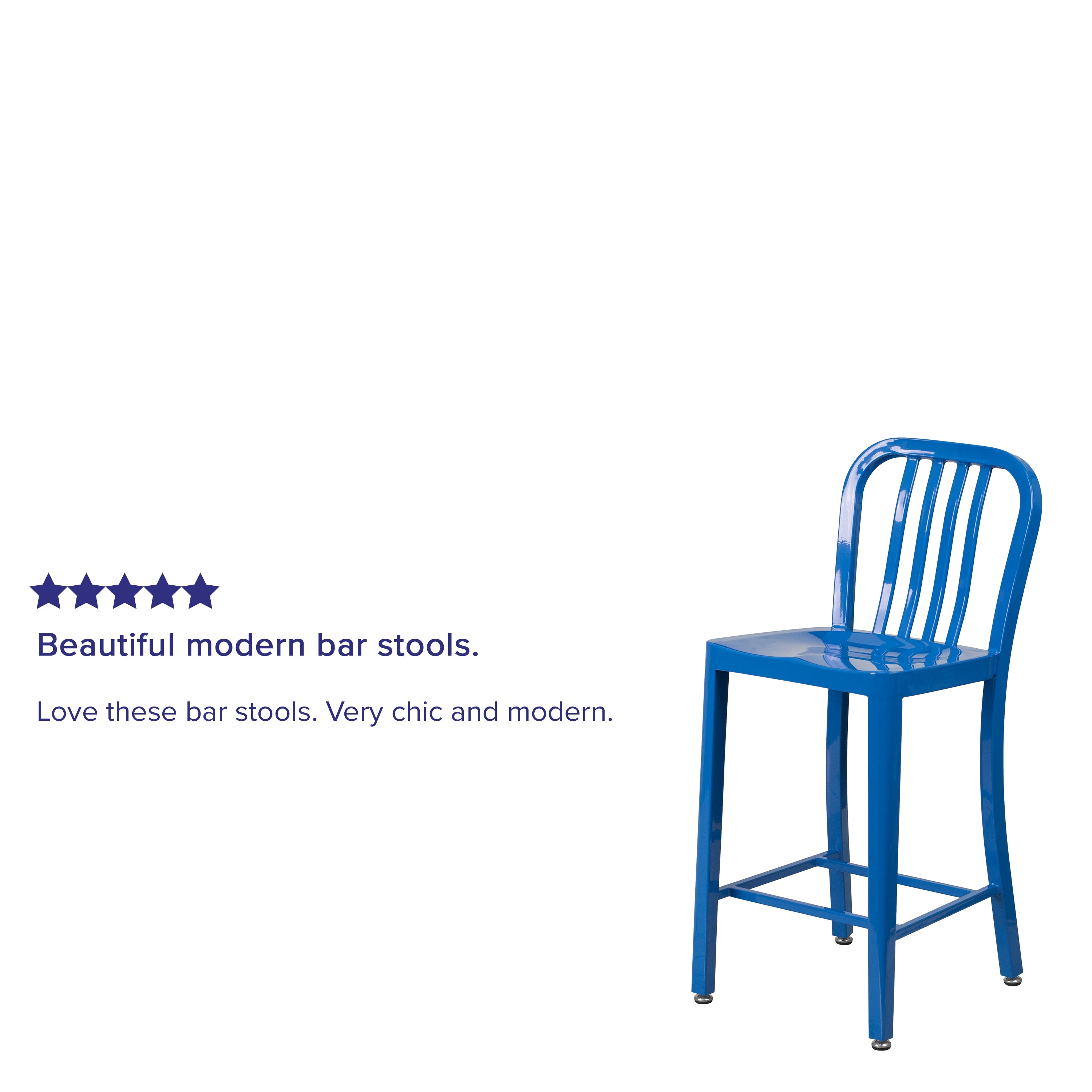 Gael Commercial Grade 24" High Blue Metal Indoor-Outdoor Counter Height Stool with Vertical Slat Back