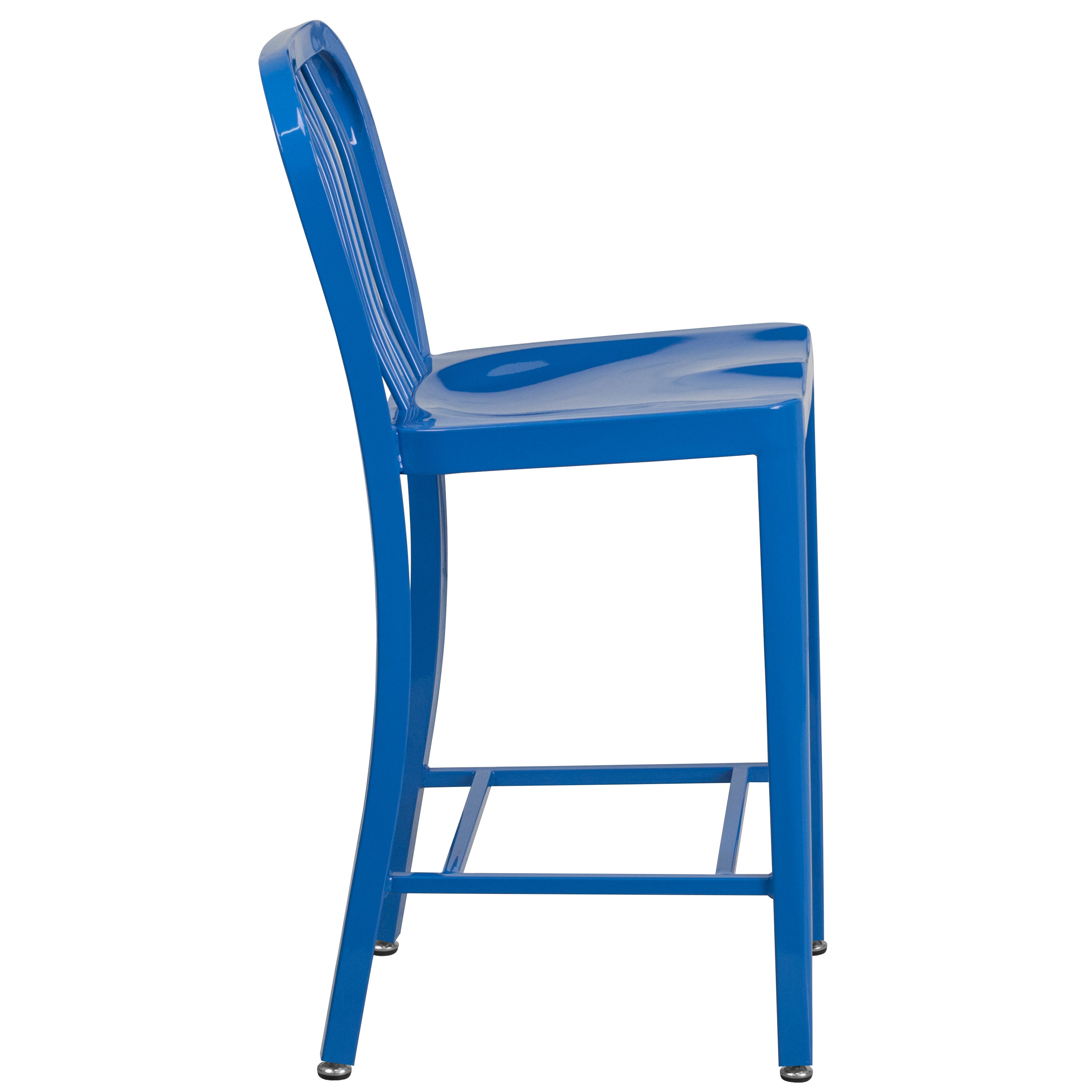 Gael Commercial Grade 24" High Blue Metal Indoor-Outdoor Counter Height Stool with Vertical Slat Back