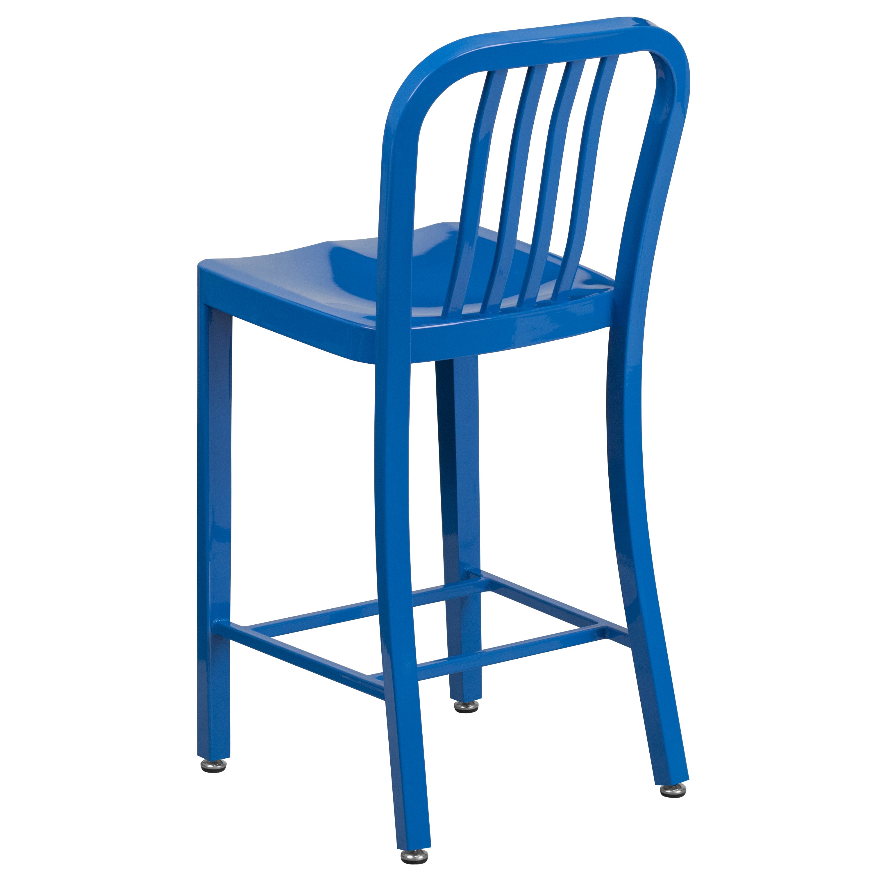 Gael Commercial Grade 24" High Blue Metal Indoor-Outdoor Counter Height Stool with Vertical Slat Back