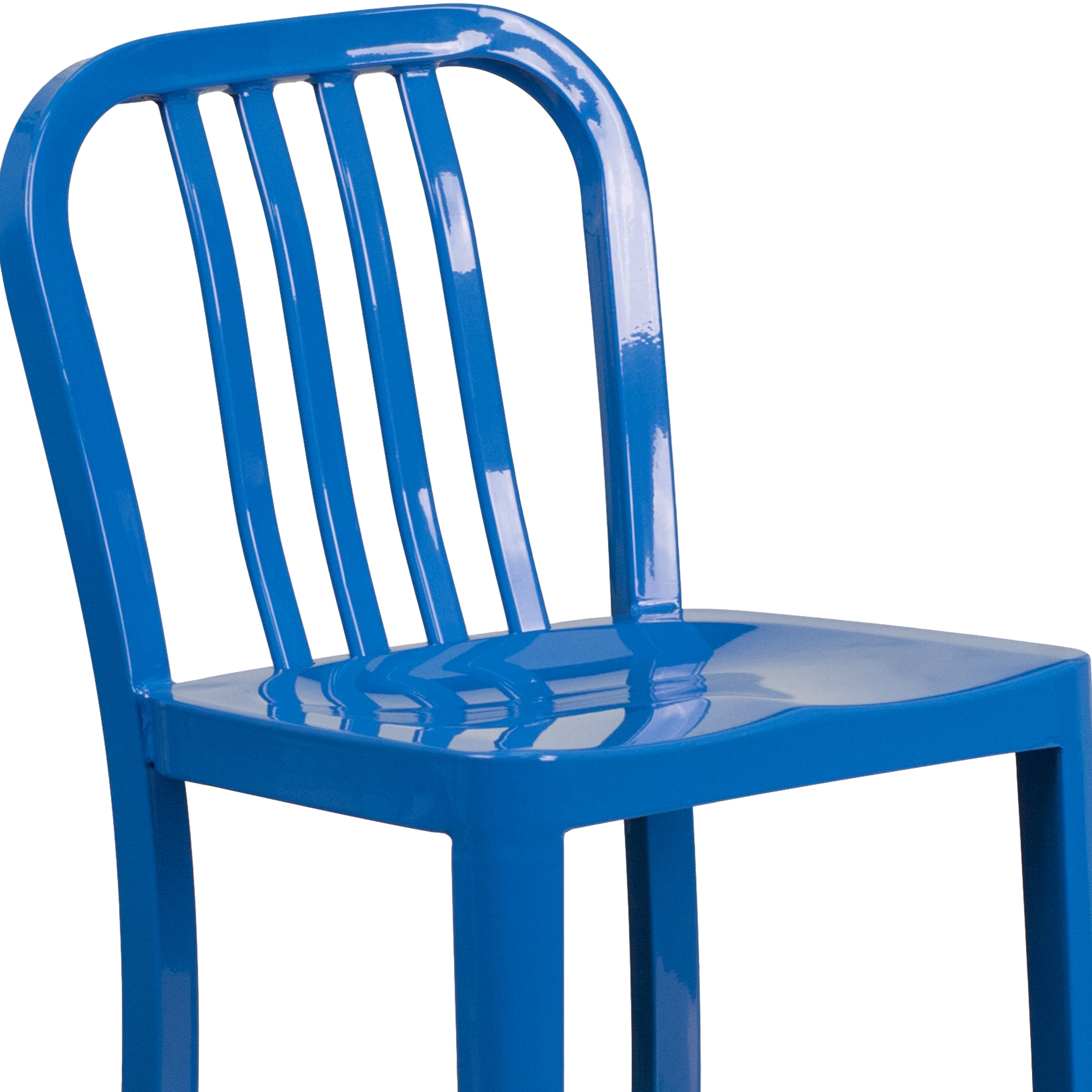 Gael Commercial Grade 24" High Blue Metal Indoor-Outdoor Counter Height Stool with Vertical Slat Back