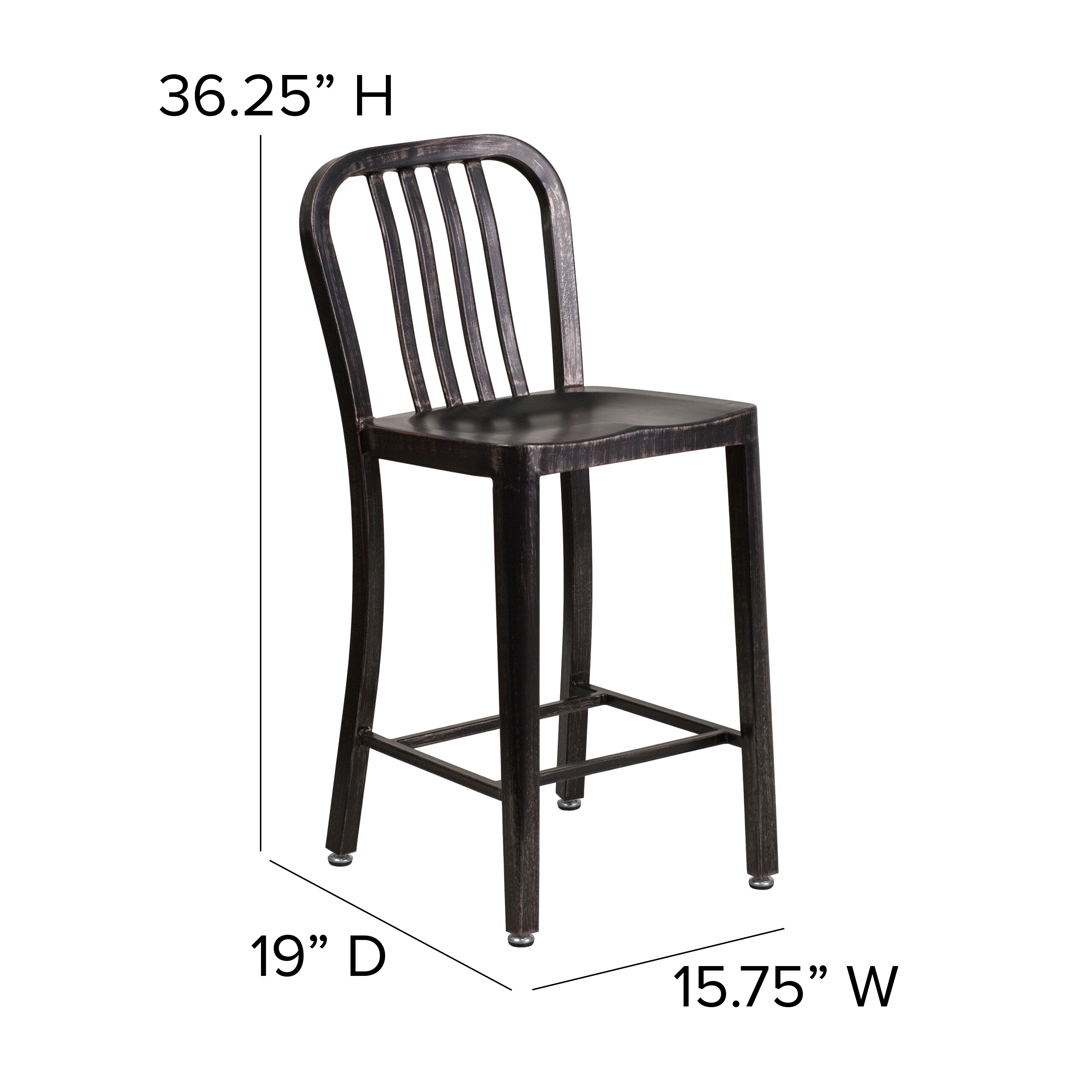 Gael Commercial Grade 24" High Black-Antique Gold Metal Indoor-Outdoor Counter Height Stool with Vertical Slat Back