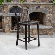 Gael Commercial Grade 24" High Black-Antique Gold Metal Indoor-Outdoor Counter Height Stool with Vertical Slat Back