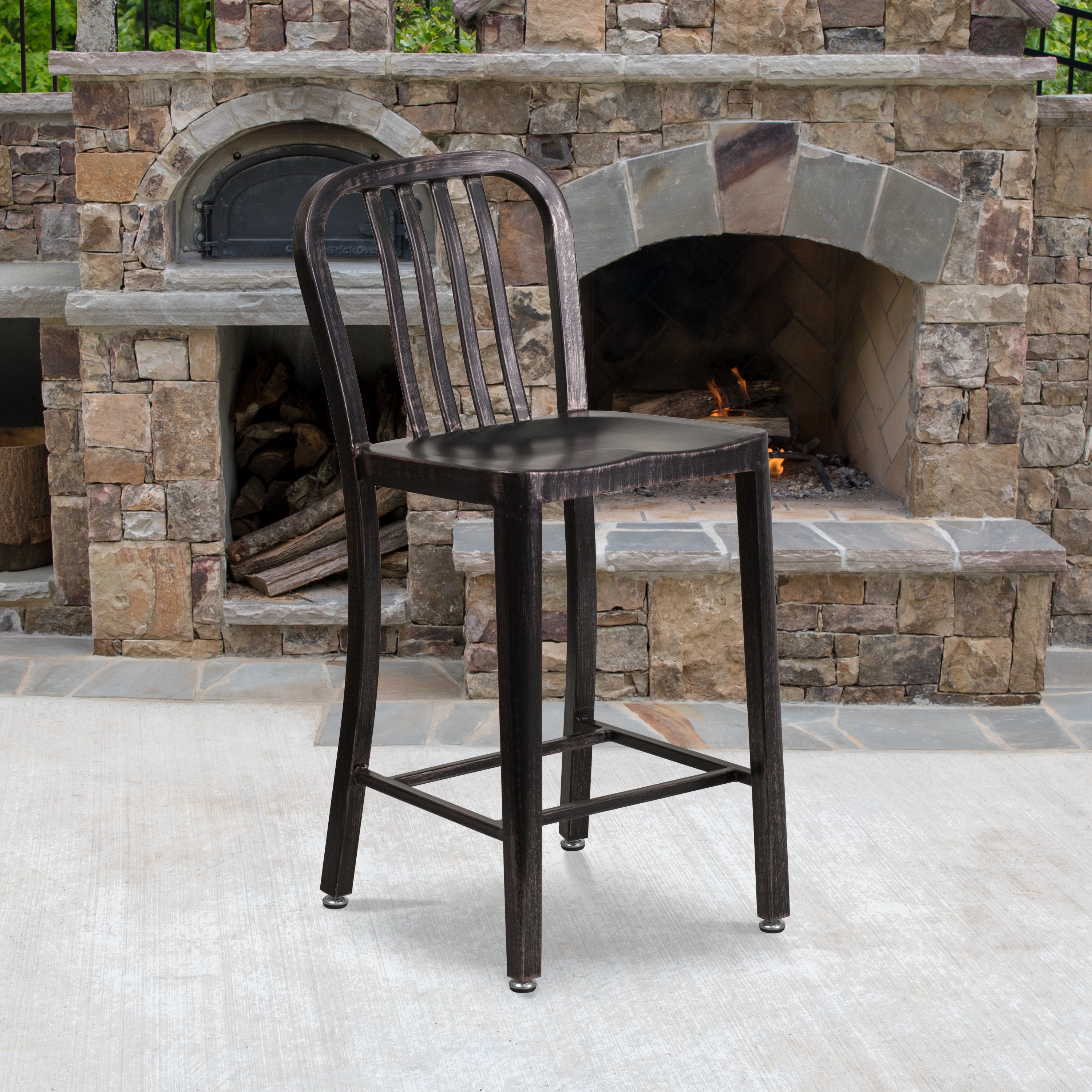 Gael Commercial Grade 24" High Black-Antique Gold Metal Indoor-Outdoor Counter Height Stool with Vertical Slat Back