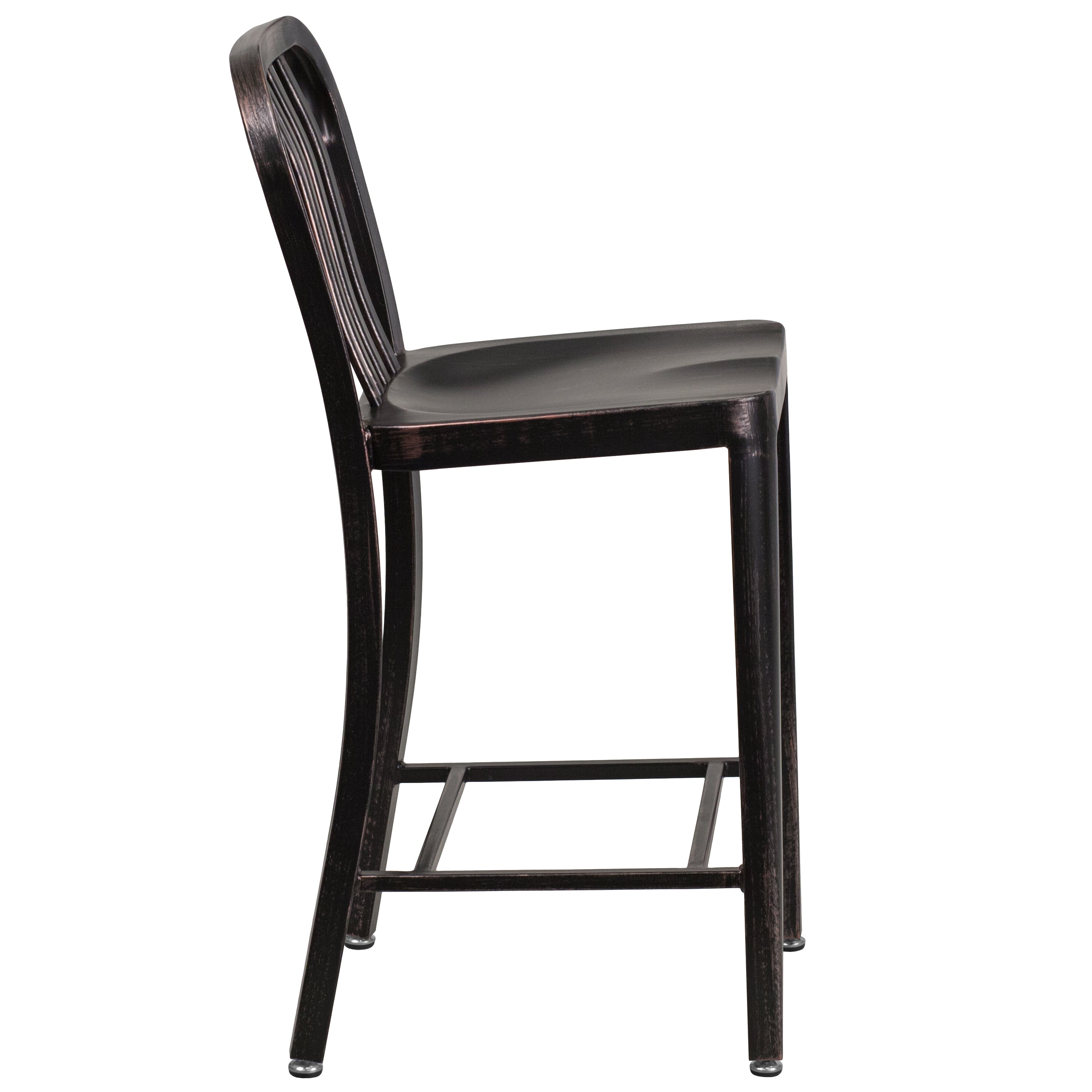 Gael Commercial Grade 24" High Black-Antique Gold Metal Indoor-Outdoor Counter Height Stool with Vertical Slat Back