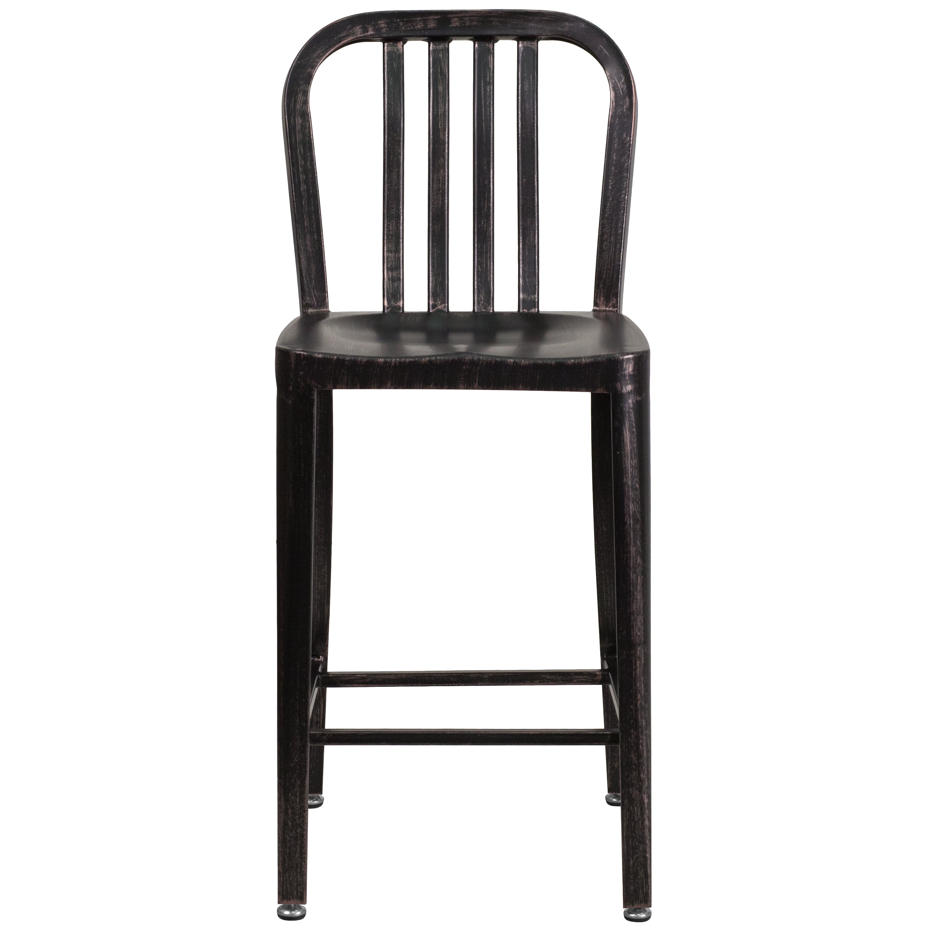 Gael Commercial Grade 24" High Black-Antique Gold Metal Indoor-Outdoor Counter Height Stool with Vertical Slat Back
