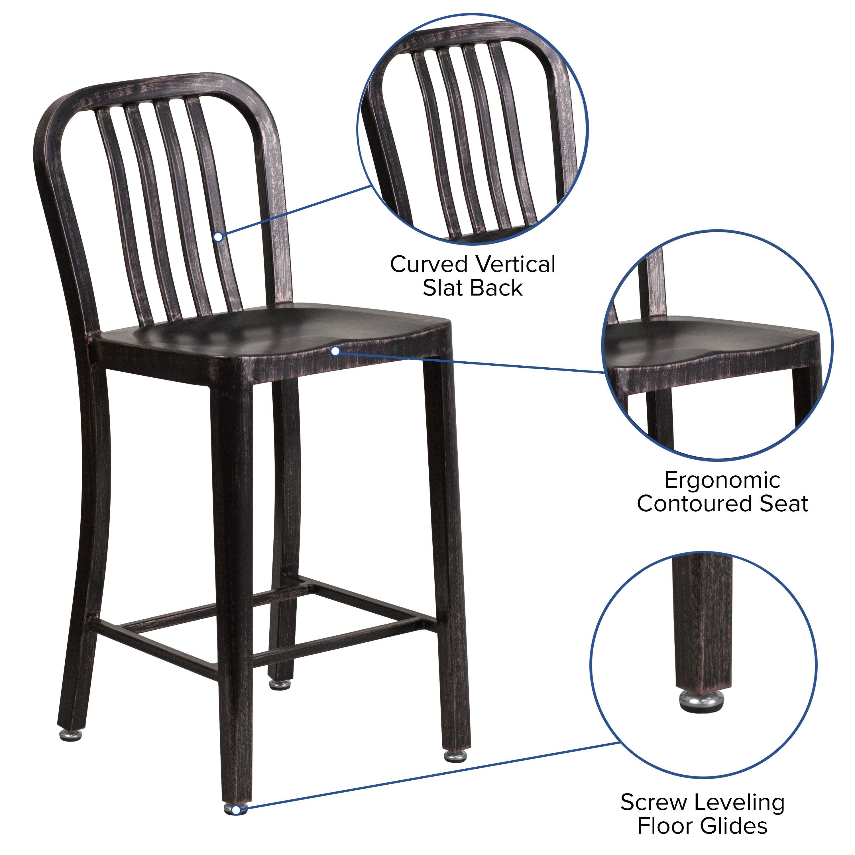 Gael Commercial Grade 24" High Black-Antique Gold Metal Indoor-Outdoor Counter Height Stool with Vertical Slat Back