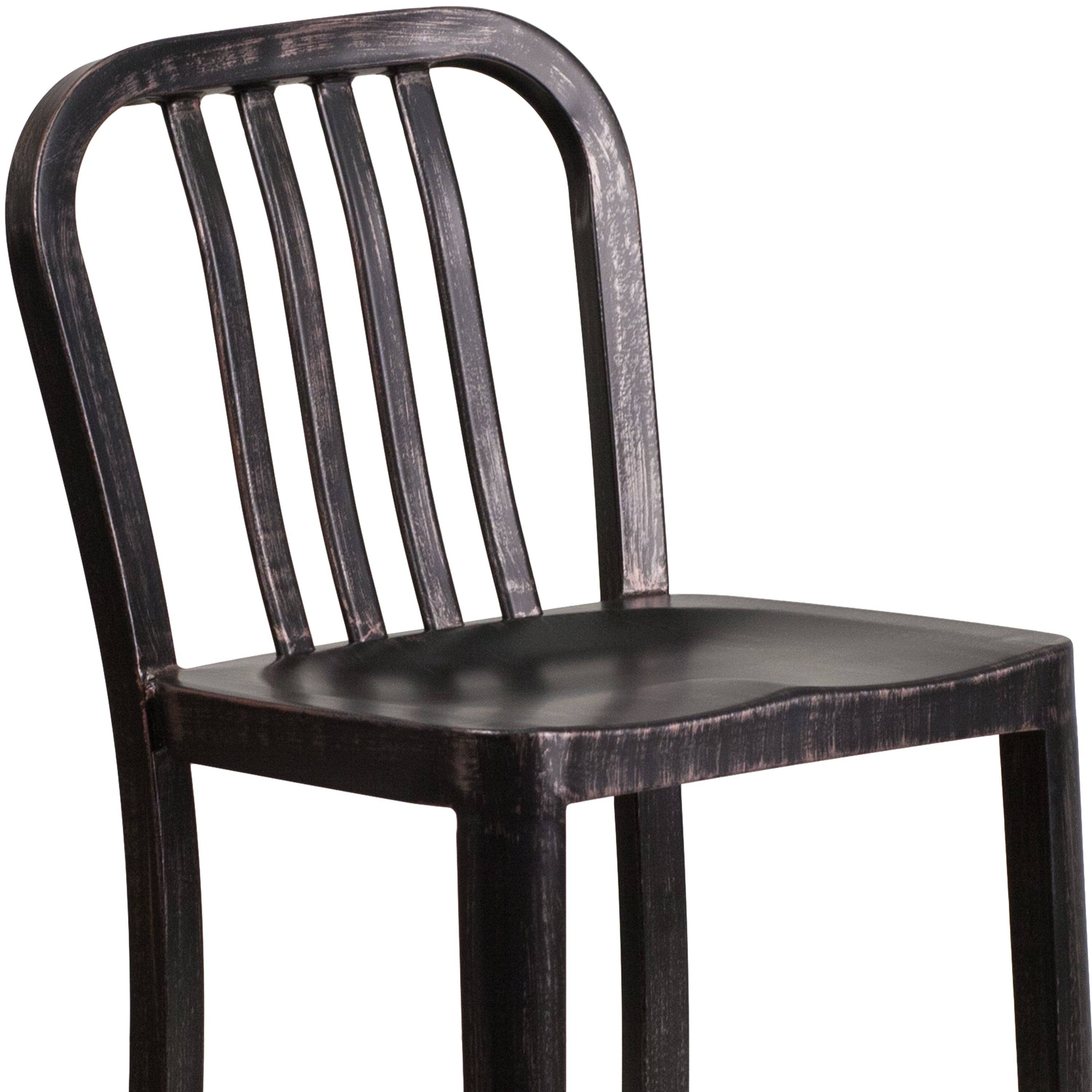 Gael Commercial Grade 24" High Black-Antique Gold Metal Indoor-Outdoor Counter Height Stool with Vertical Slat Back