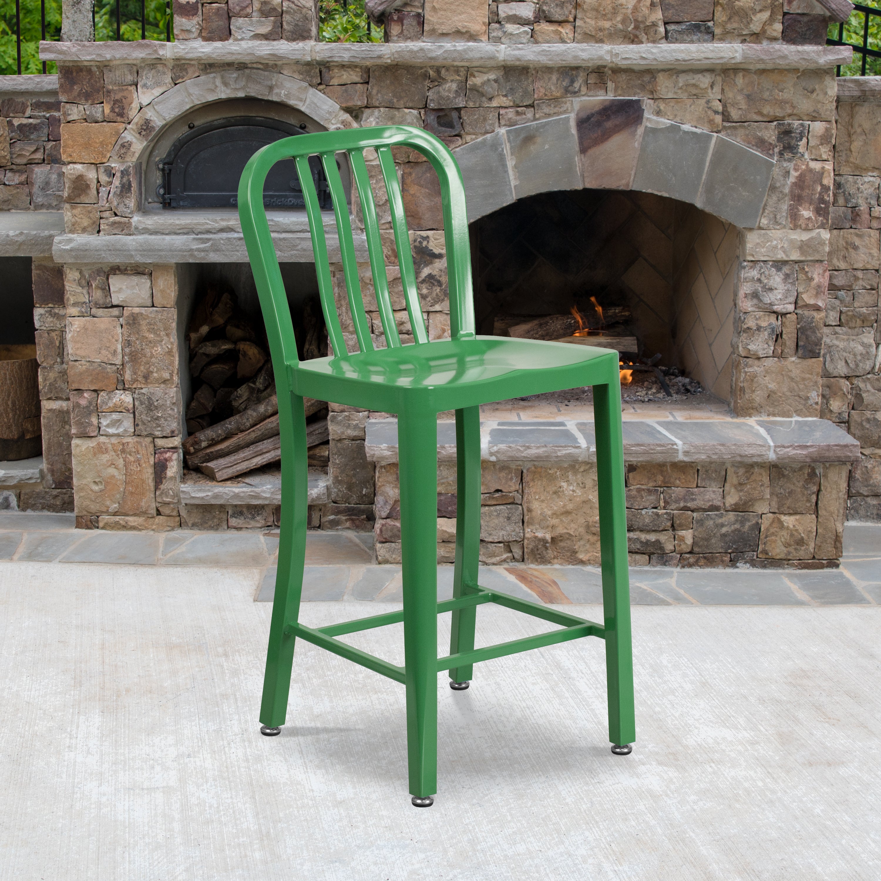 Gael Commercial Grade 24" High Green Metal Indoor-Outdoor Counter Height Stool with Vertical Slat Back