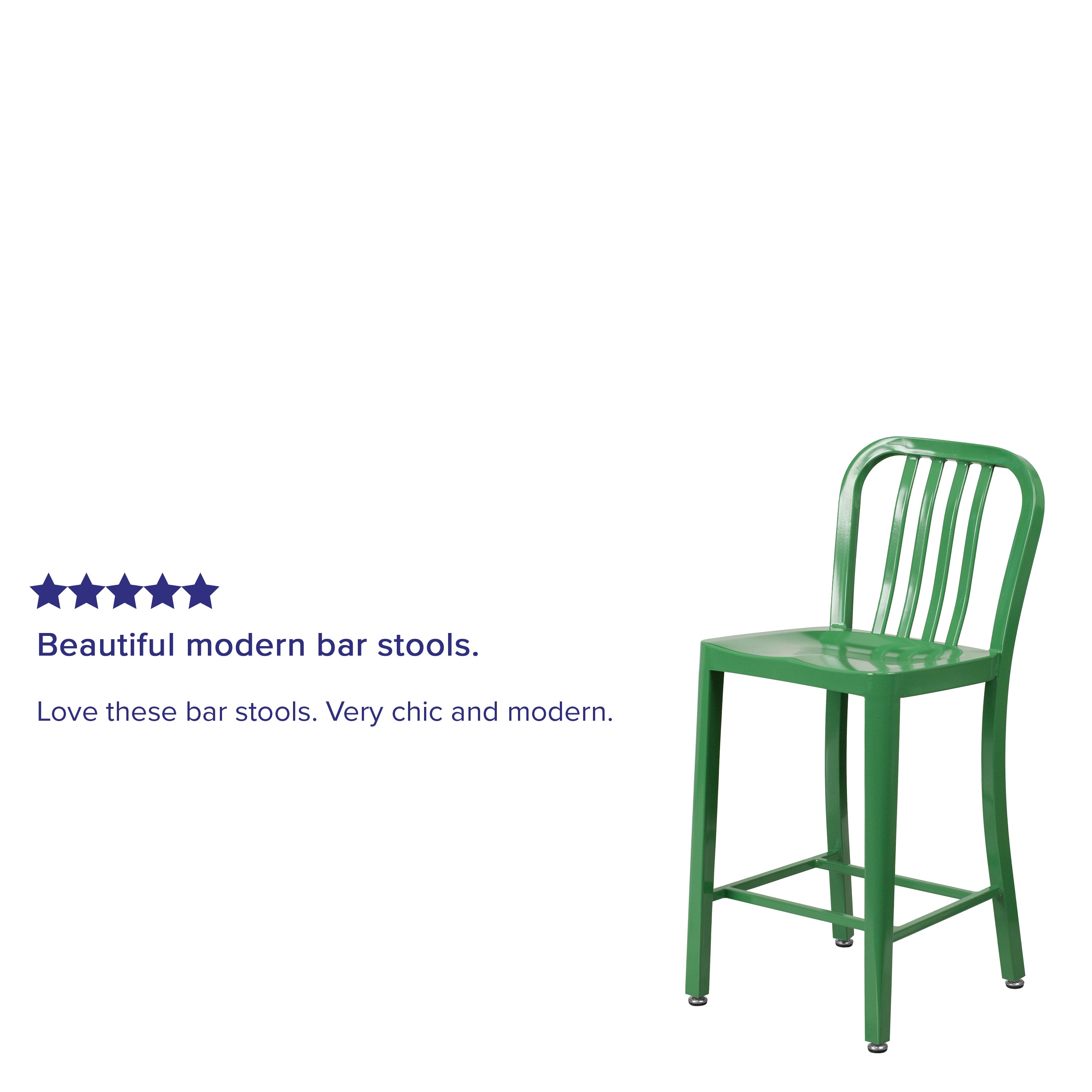 Gael Commercial Grade 24" High Green Metal Indoor-Outdoor Counter Height Stool with Vertical Slat Back