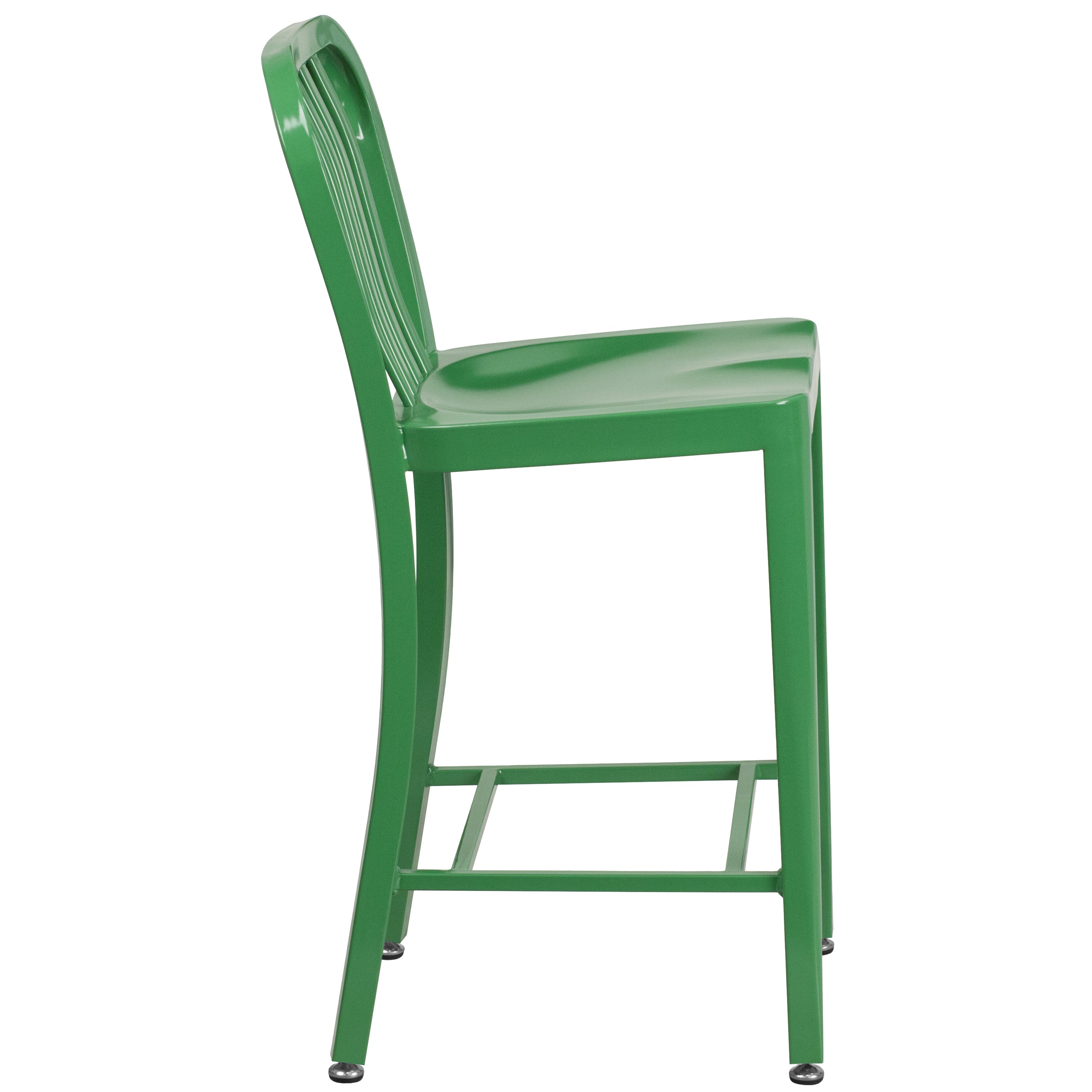 Gael Commercial Grade 24" High Green Metal Indoor-Outdoor Counter Height Stool with Vertical Slat Back