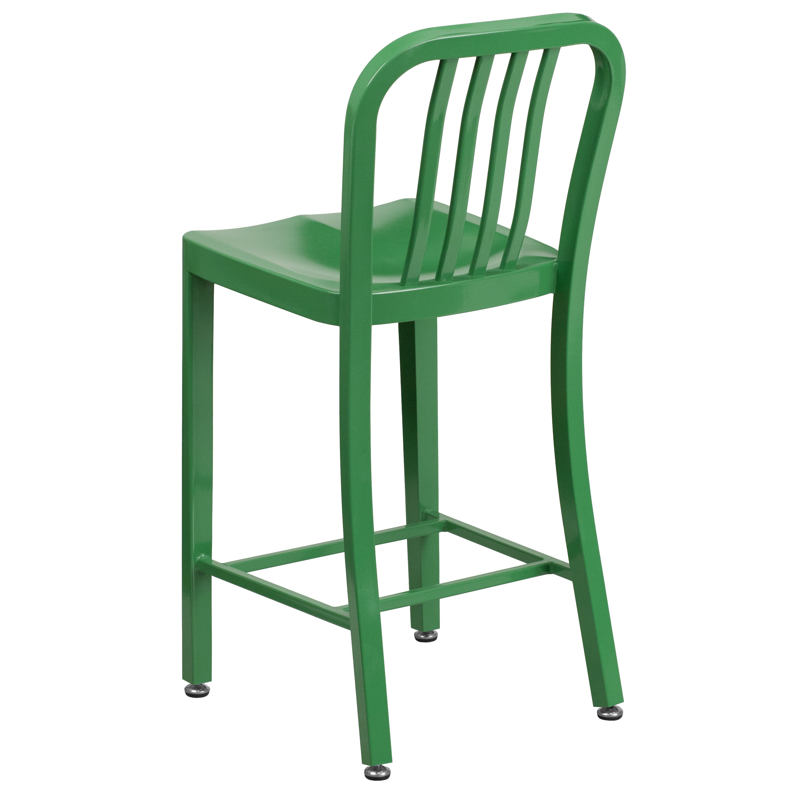 Gael Commercial Grade 24" High Green Metal Indoor-Outdoor Counter Height Stool with Vertical Slat Back