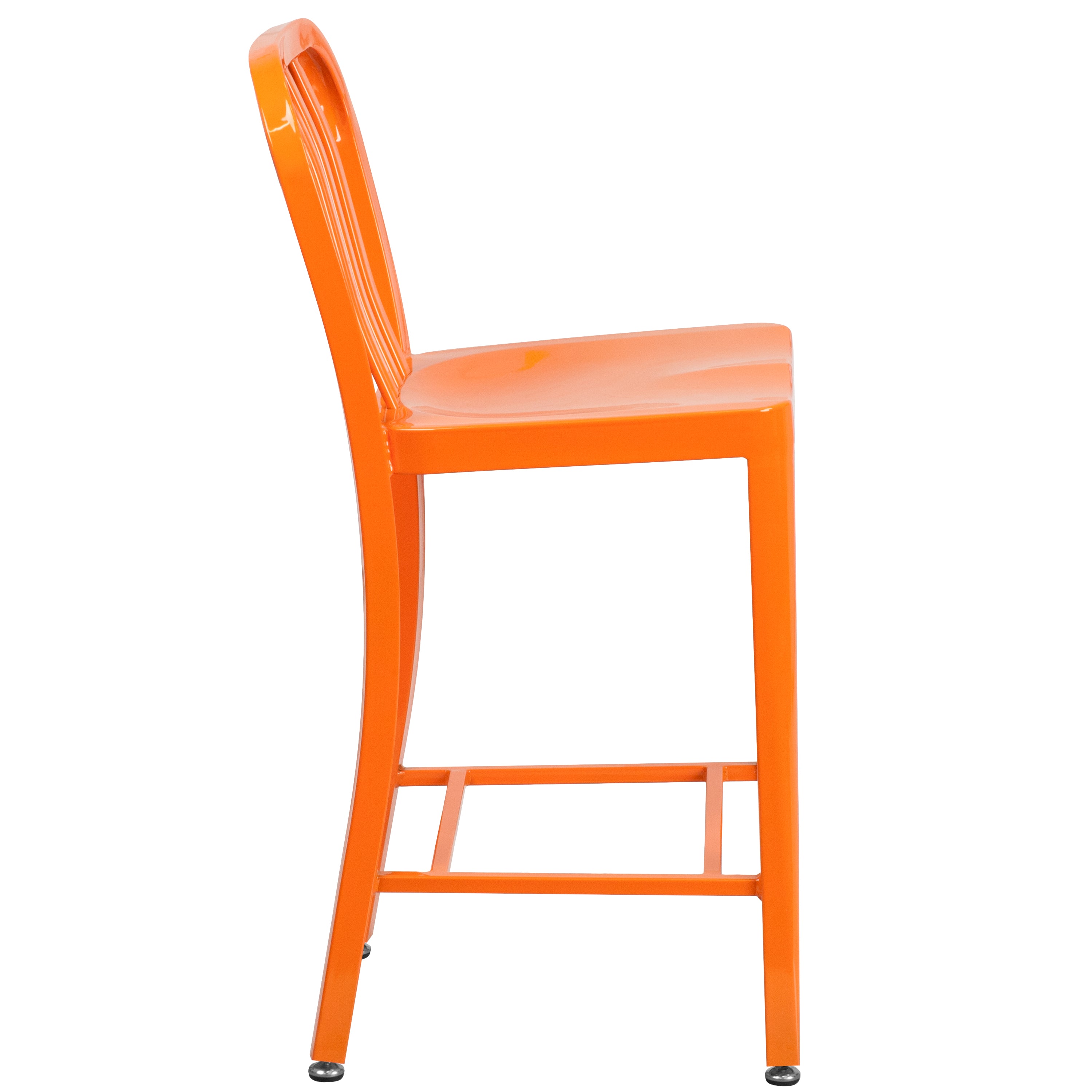 Gael Commercial Grade 24" High Orange Metal Indoor-Outdoor Counter Height Stool with Vertical Slat Back