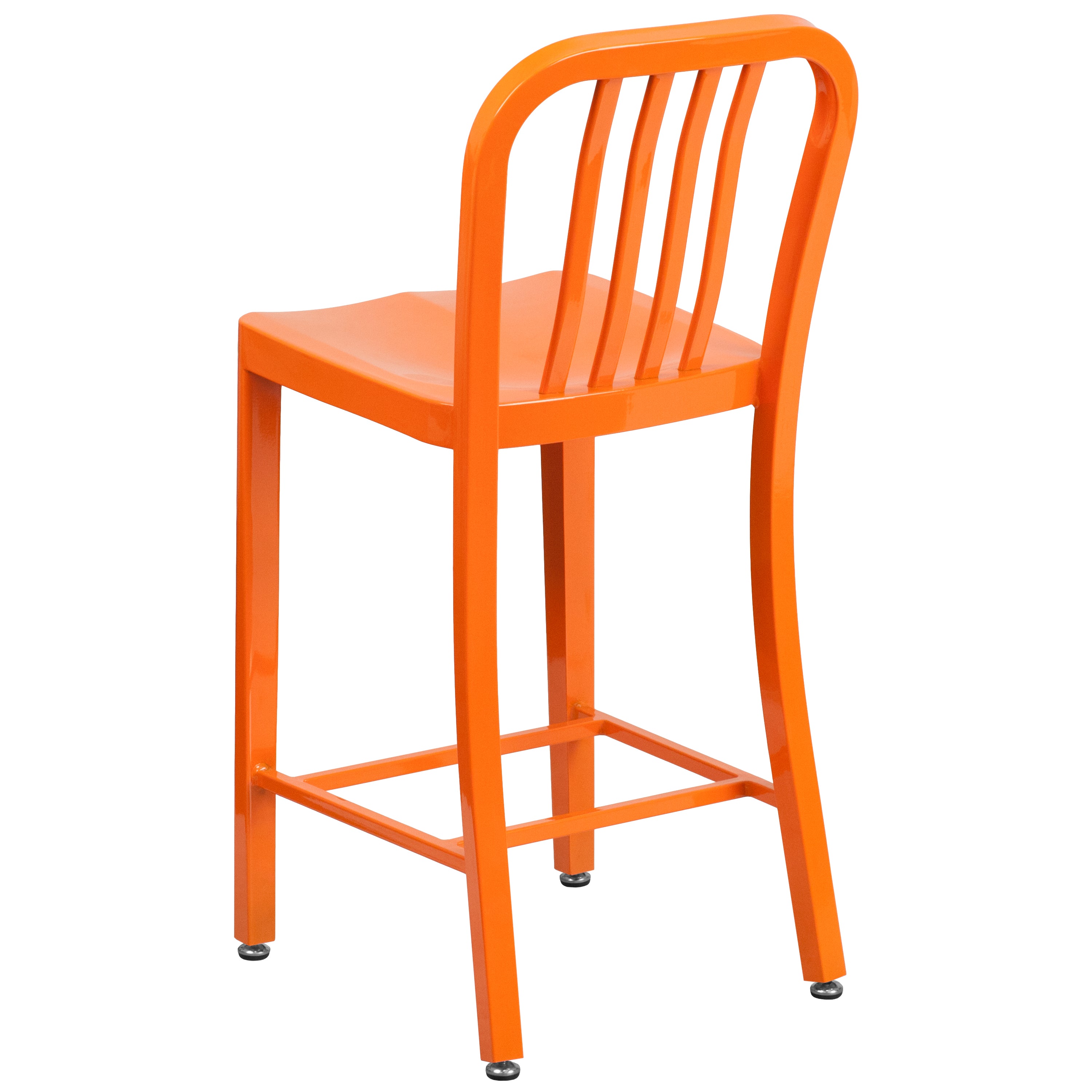 Gael Commercial Grade 24" High Orange Metal Indoor-Outdoor Counter Height Stool with Vertical Slat Back