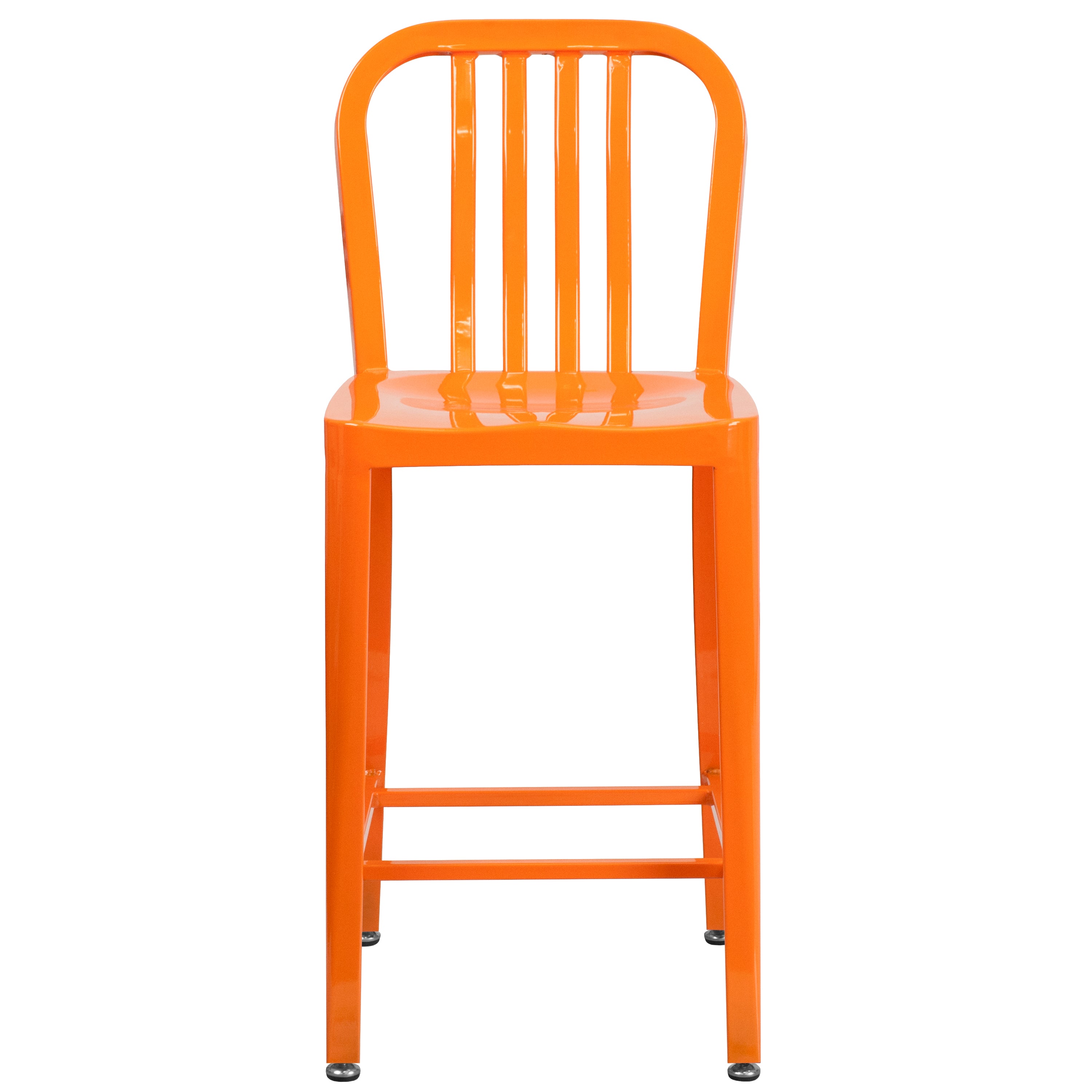 Gael Commercial Grade 24" High Orange Metal Indoor-Outdoor Counter Height Stool with Vertical Slat Back