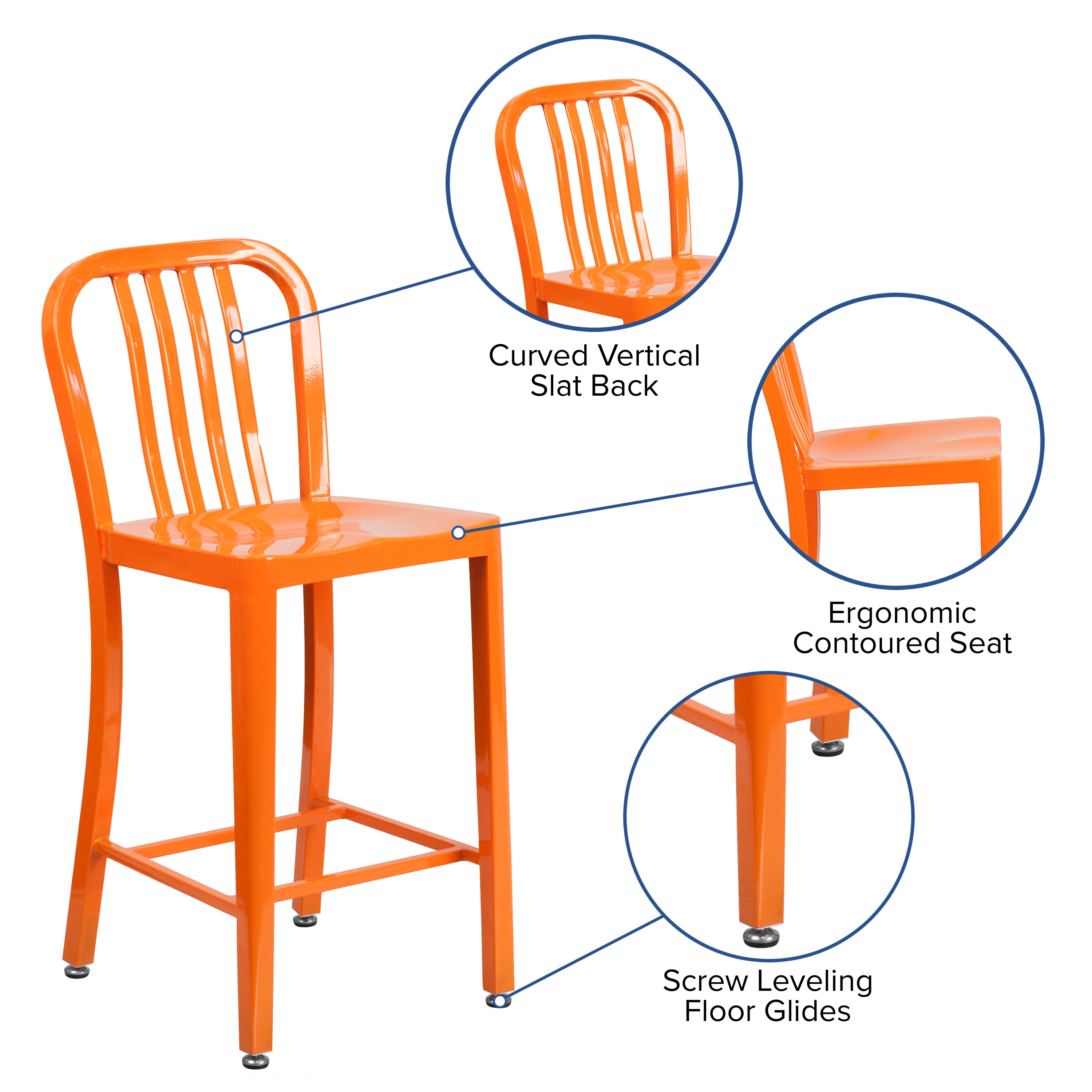 Gael Commercial Grade 24" High Orange Metal Indoor-Outdoor Counter Height Stool with Vertical Slat Back