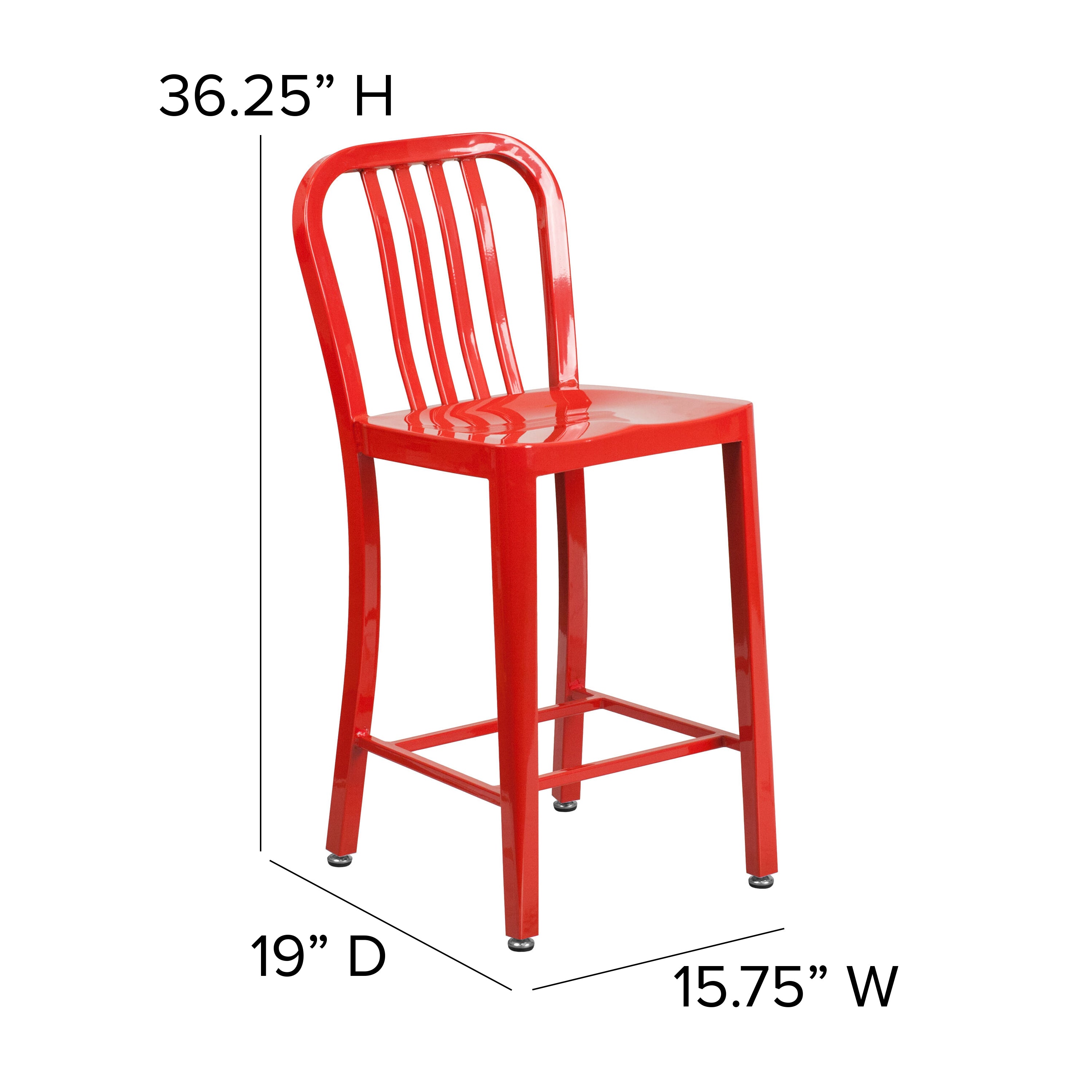 Gael Commercial Grade 24" High Red Metal Indoor-Outdoor Counter Height Stool with Vertical Slat Back