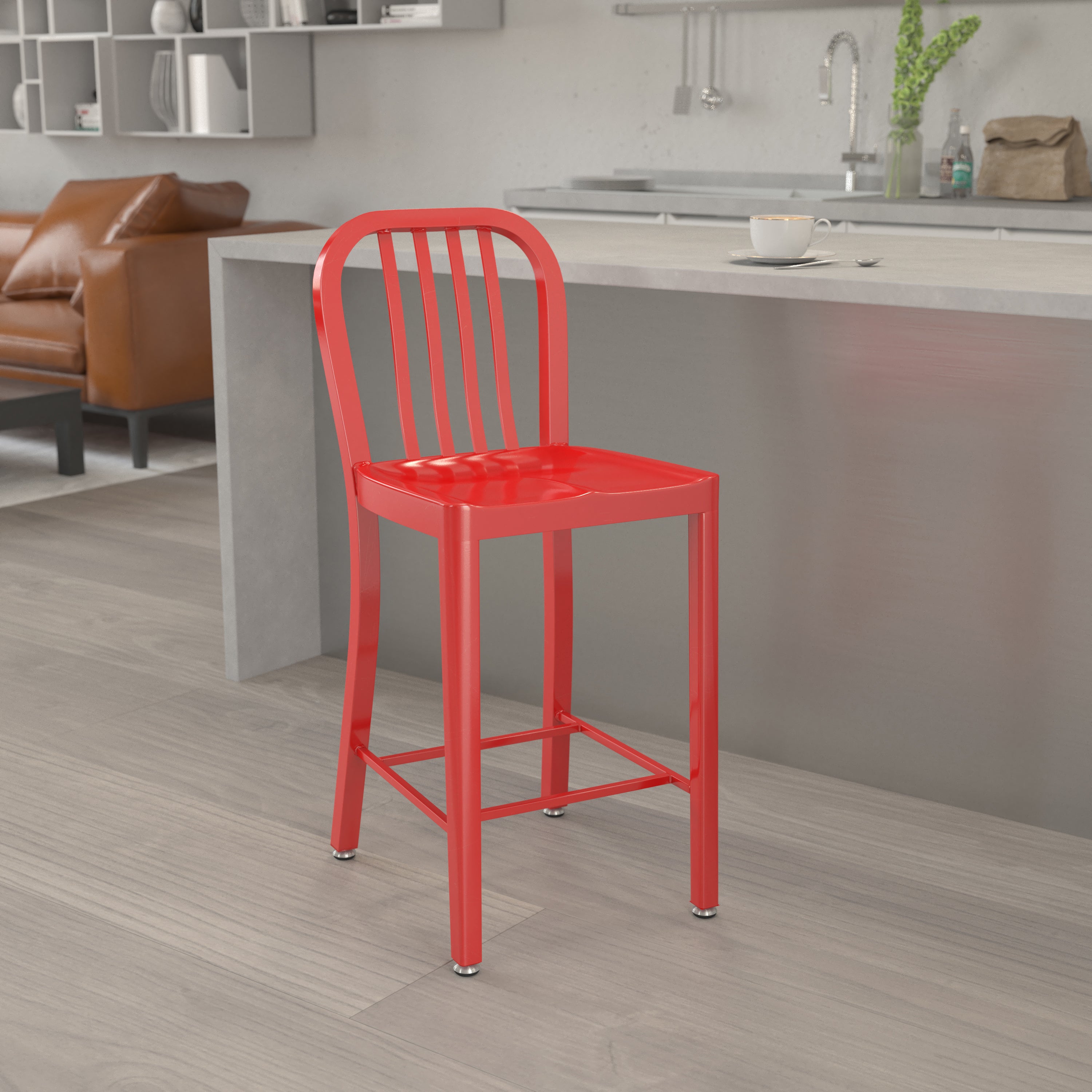 Gael Commercial Grade 24" High Red Metal Indoor-Outdoor Counter Height Stool with Vertical Slat Back