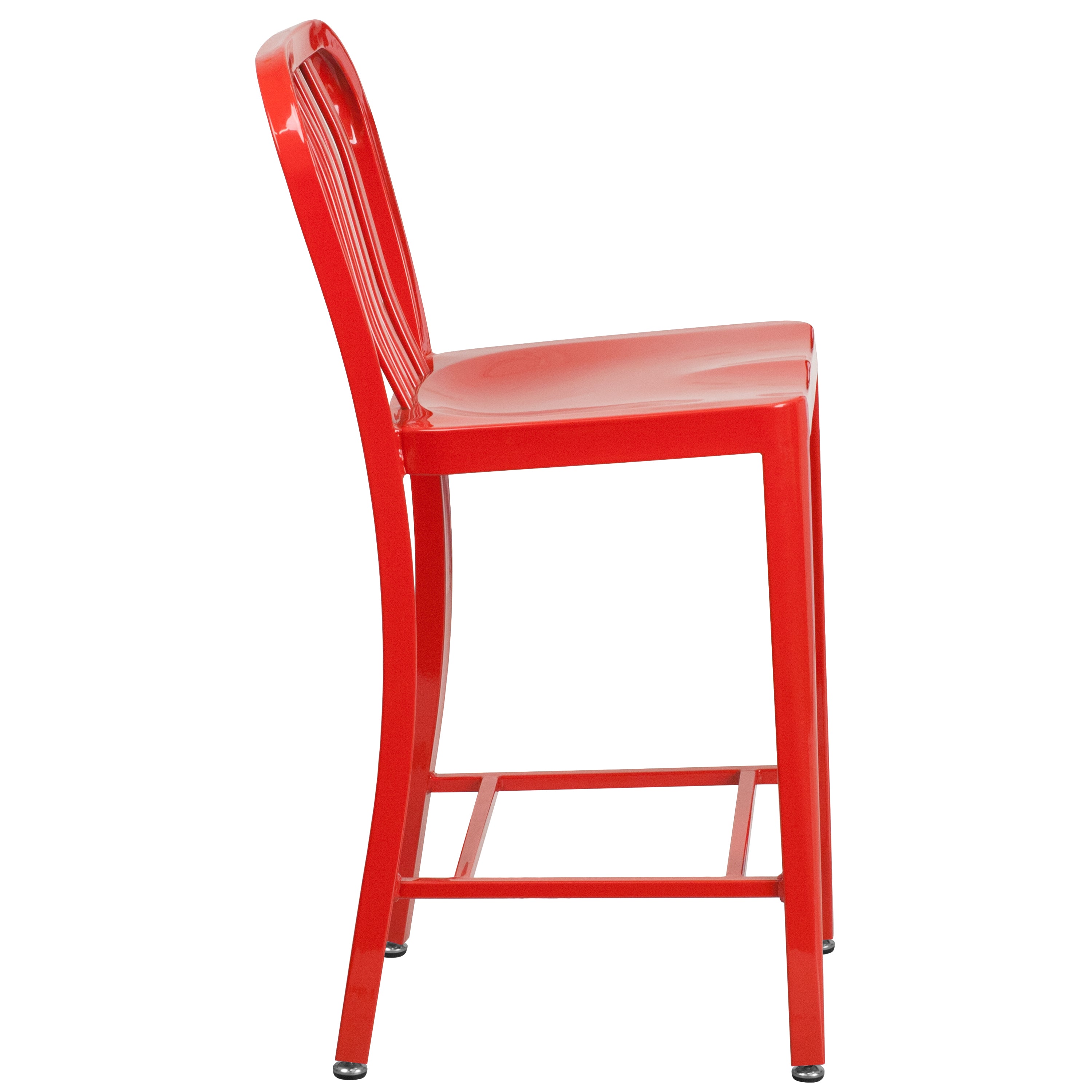 Gael Commercial Grade 24" High Red Metal Indoor-Outdoor Counter Height Stool with Vertical Slat Back