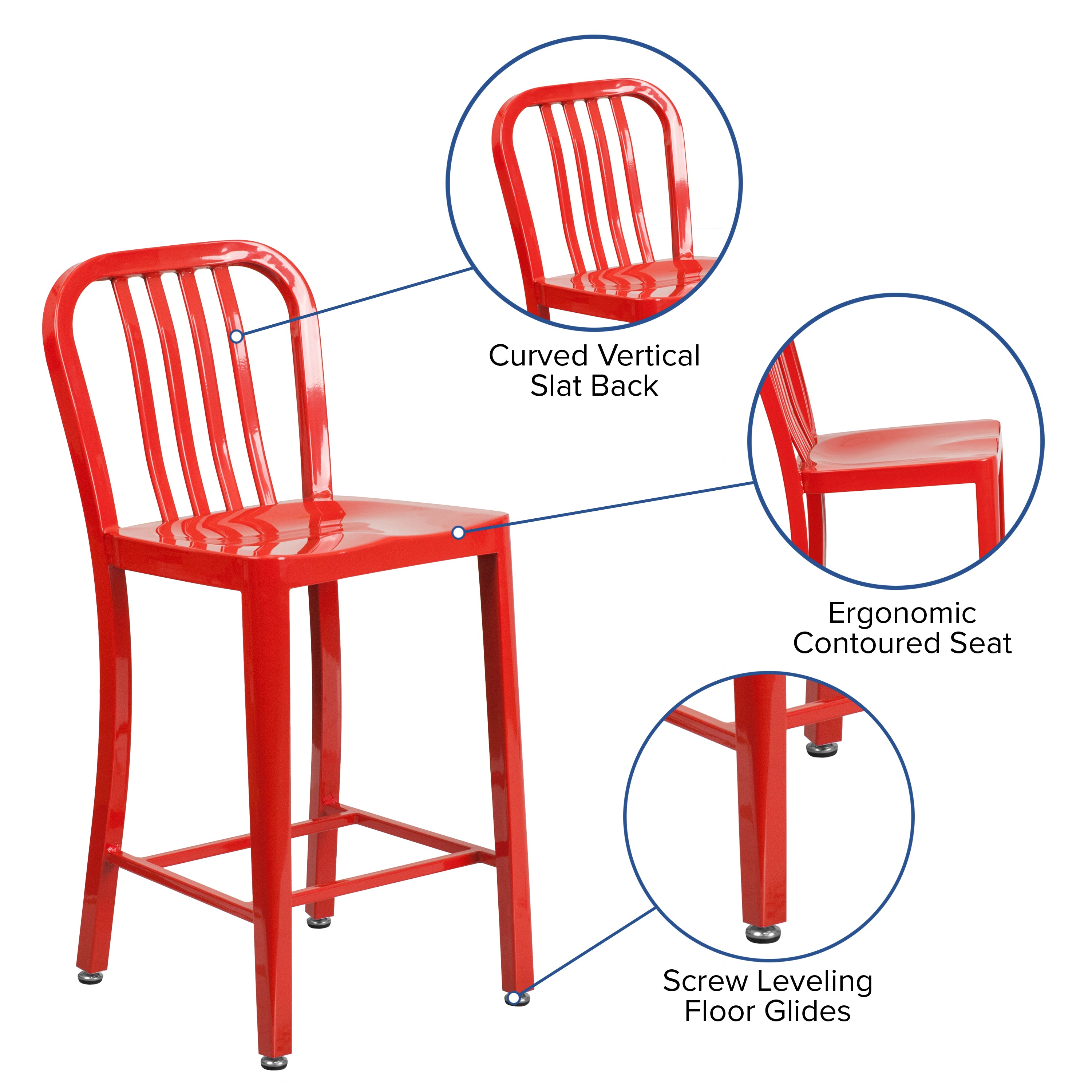 Gael Commercial Grade 24" High Red Metal Indoor-Outdoor Counter Height Stool with Vertical Slat Back