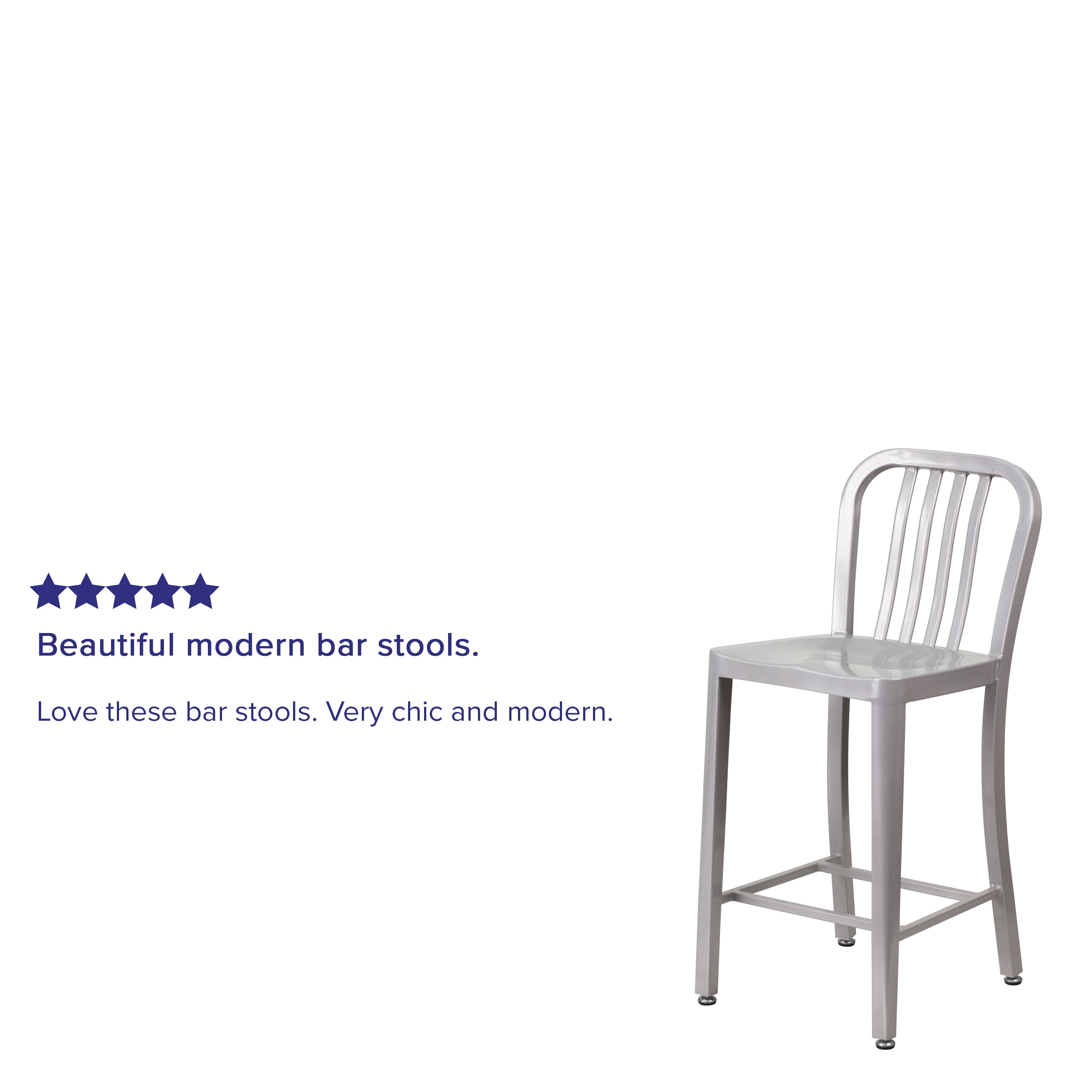 Gael Commercial Grade 24" High Silver Metal Indoor-Outdoor Counter Height Stool with Vertical Slat Back