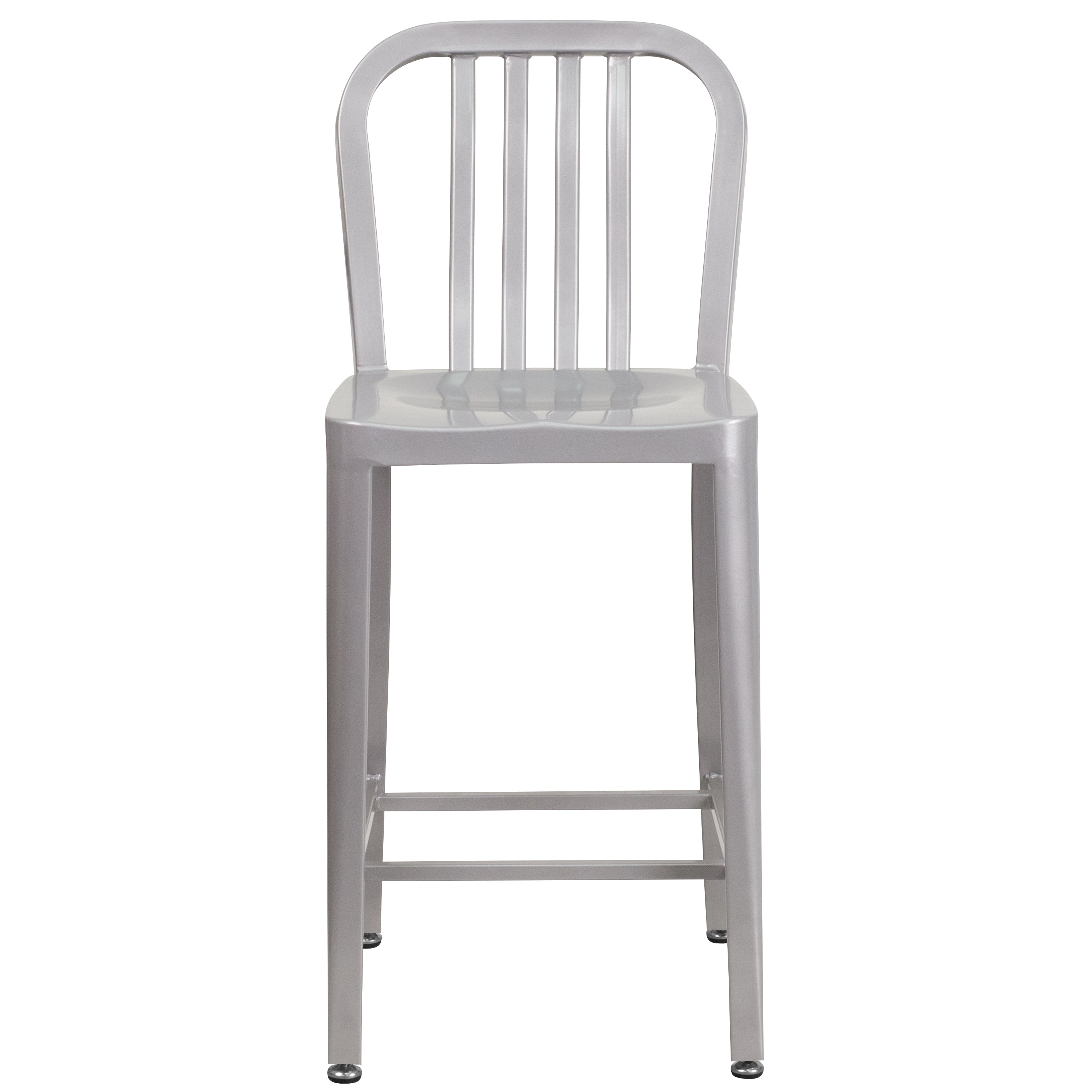 Gael Commercial Grade 24" High Silver Metal Indoor-Outdoor Counter Height Stool with Vertical Slat Back