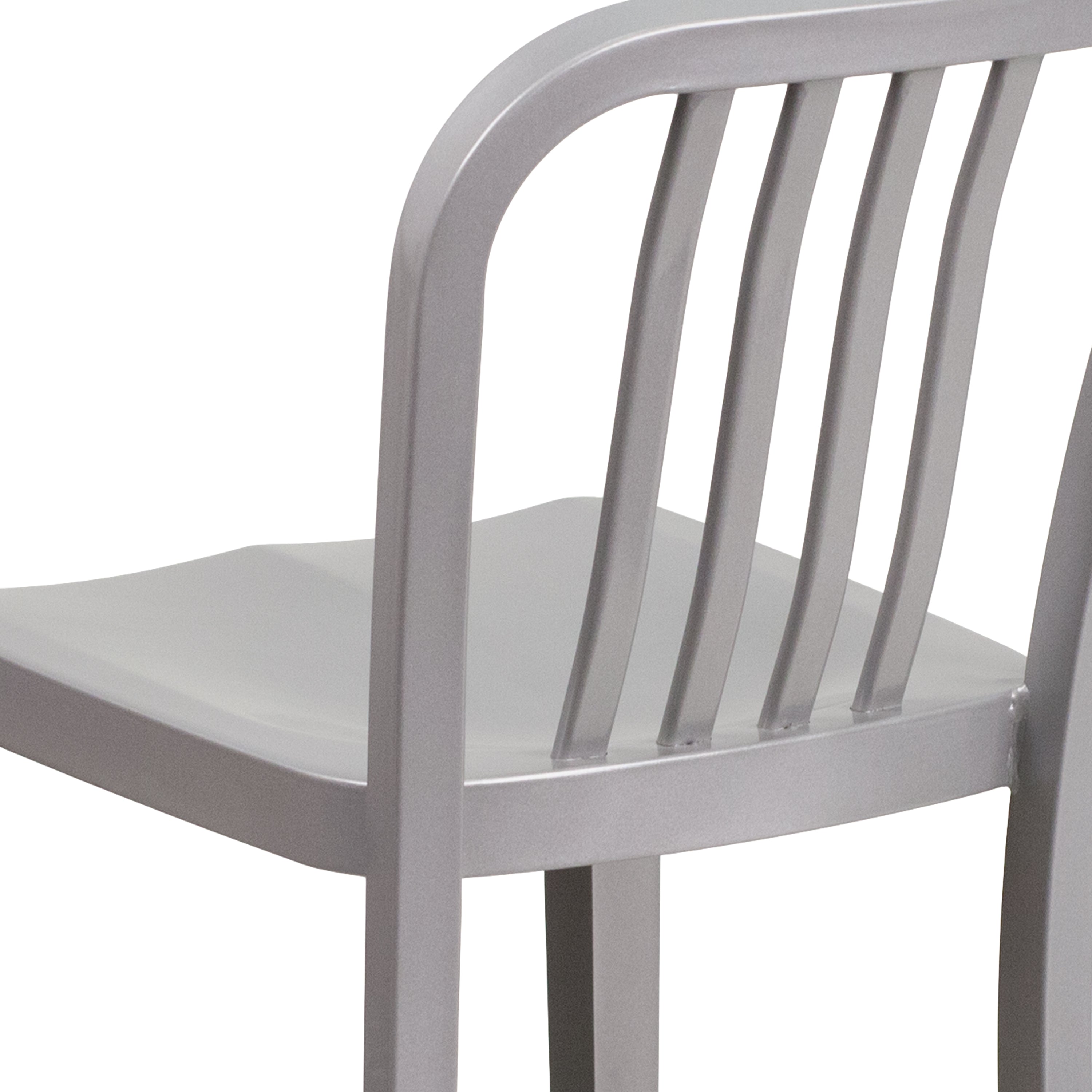 Gael Commercial Grade 24" High Silver Metal Indoor-Outdoor Counter Height Stool with Vertical Slat Back