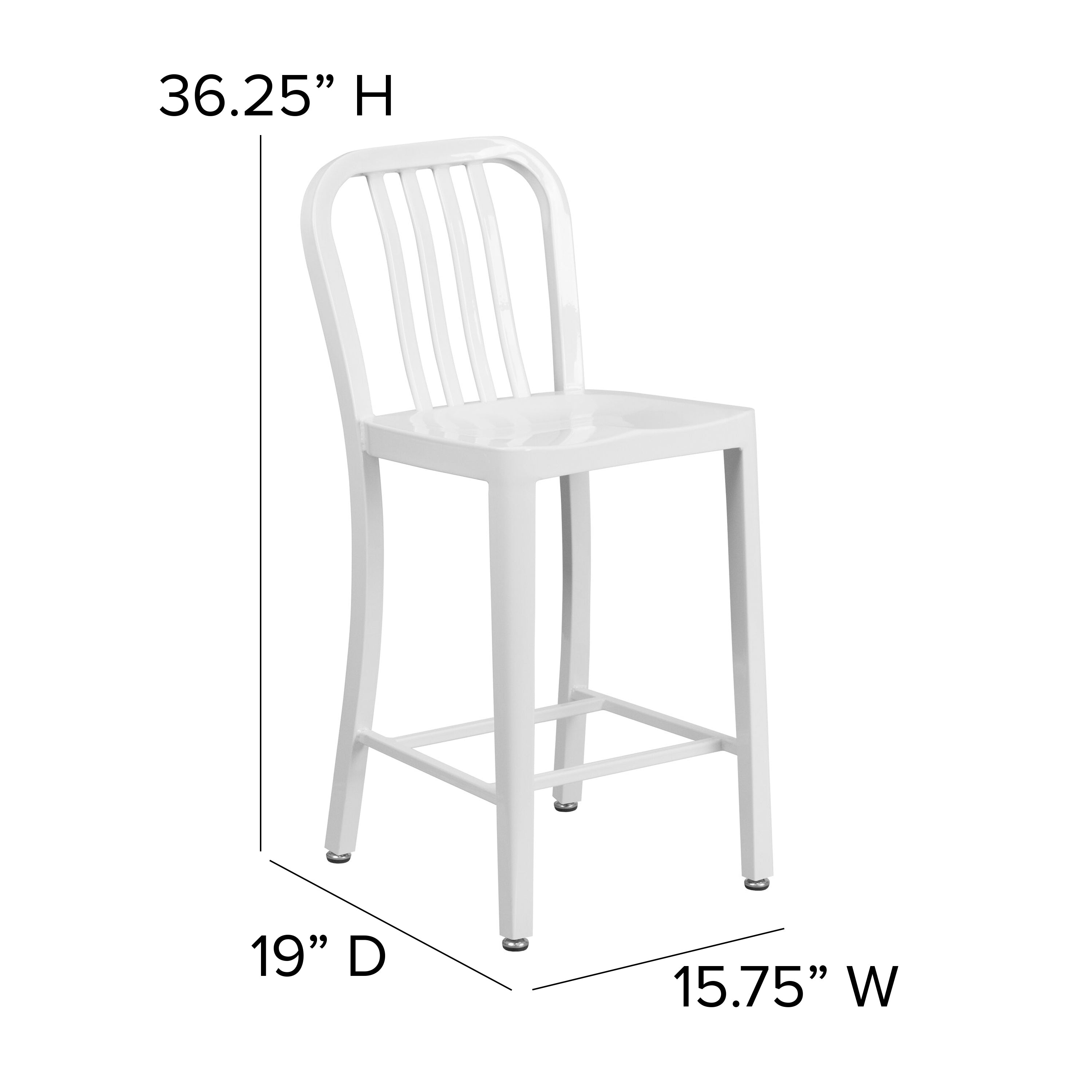 Gael Commercial Grade 24" High White Metal Indoor-Outdoor Counter Height Stool with Vertical Slat Back
