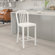 Gael Commercial Grade 24" High White Metal Indoor-Outdoor Counter Height Stool with Vertical Slat Back