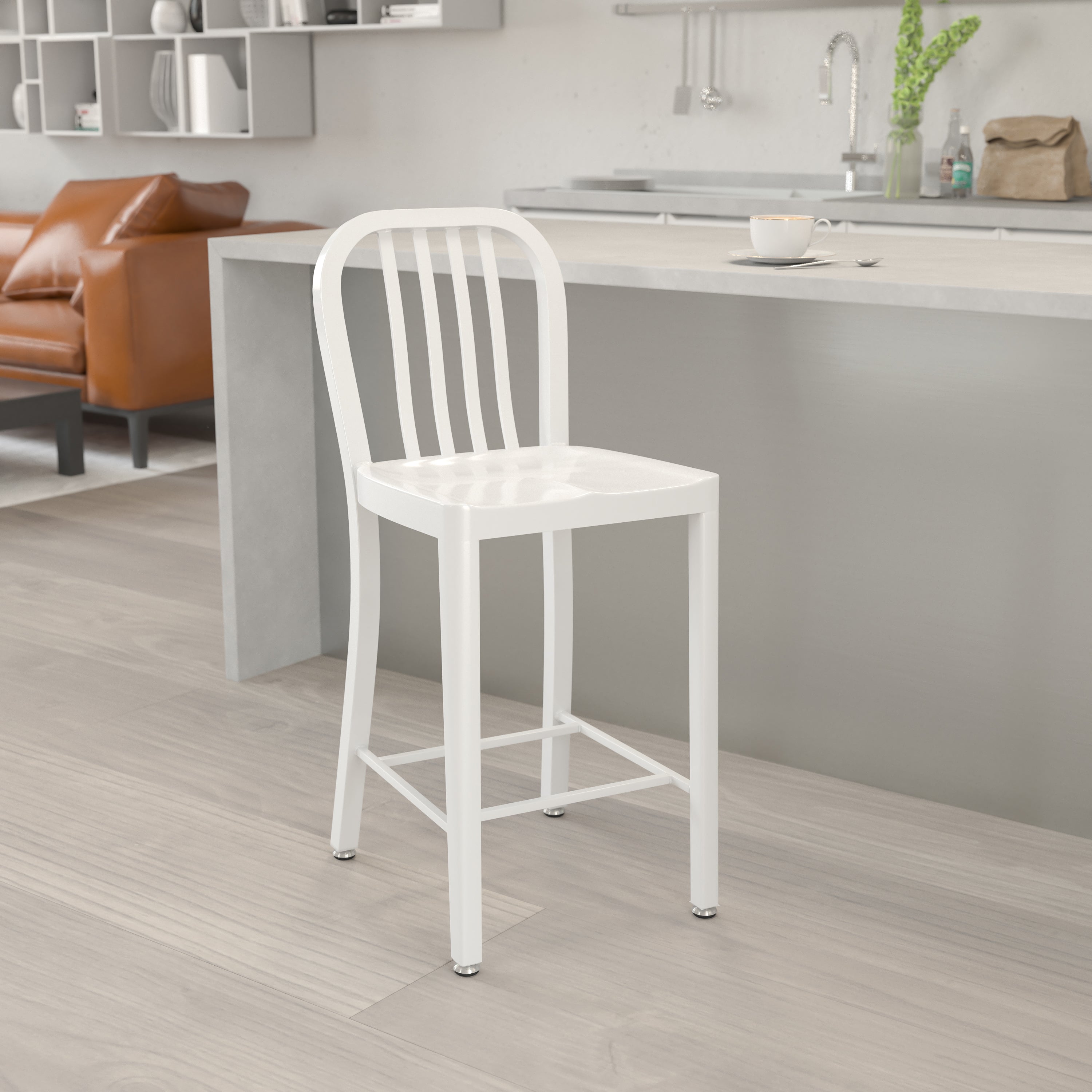 Gael Commercial Grade 24" High White Metal Indoor-Outdoor Counter Height Stool with Vertical Slat Back