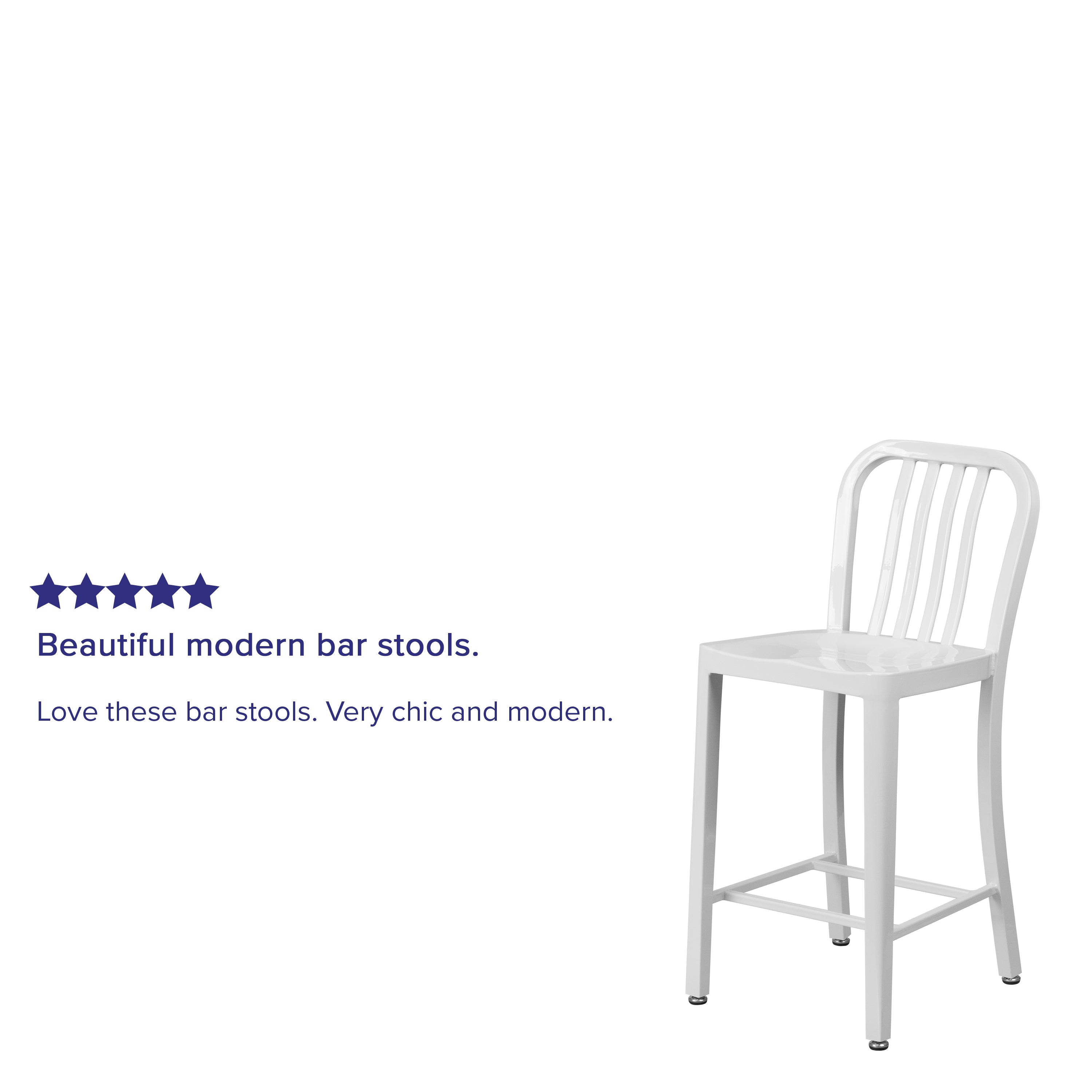 Gael Commercial Grade 24" High White Metal Indoor-Outdoor Counter Height Stool with Vertical Slat Back