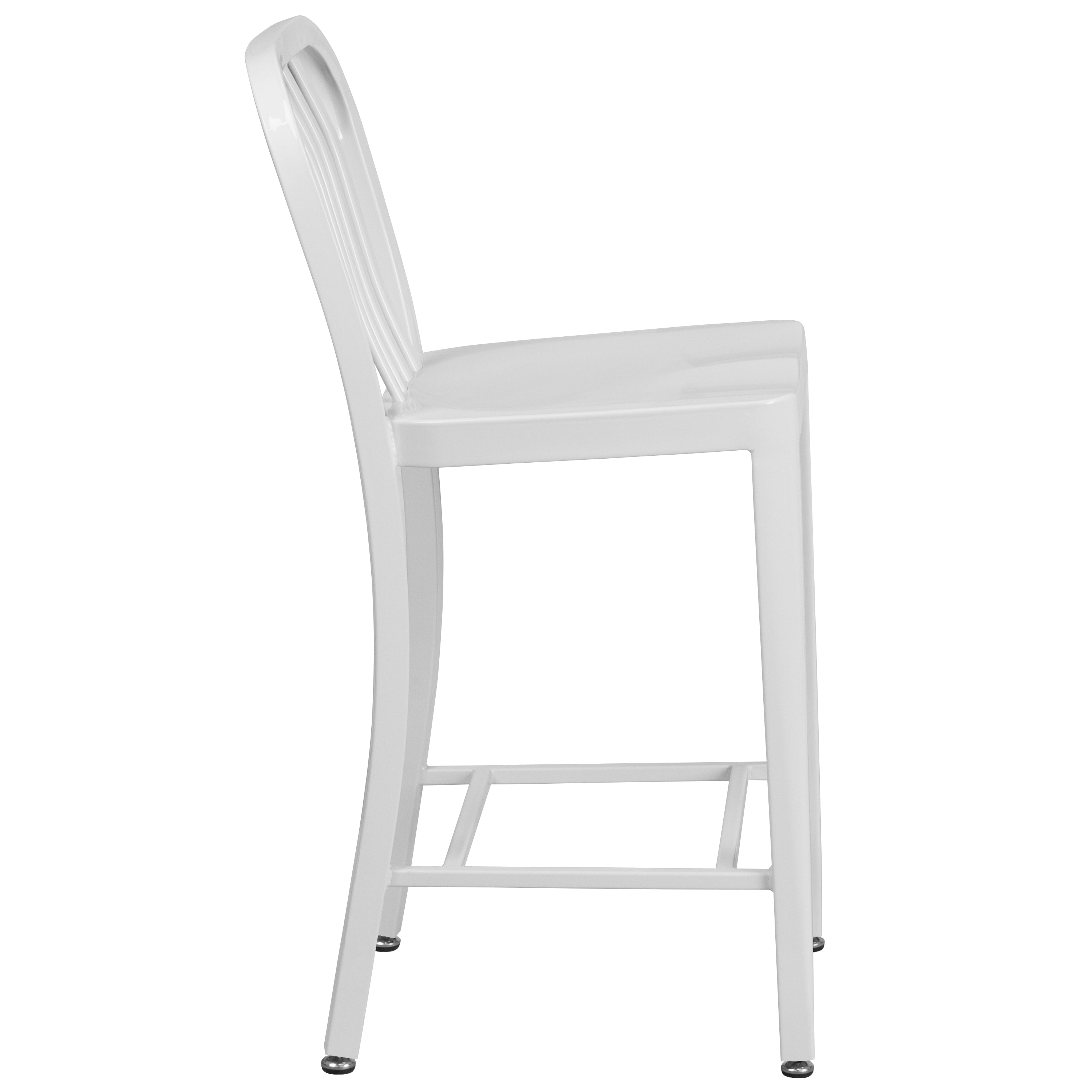 Gael Commercial Grade 24" High White Metal Indoor-Outdoor Counter Height Stool with Vertical Slat Back