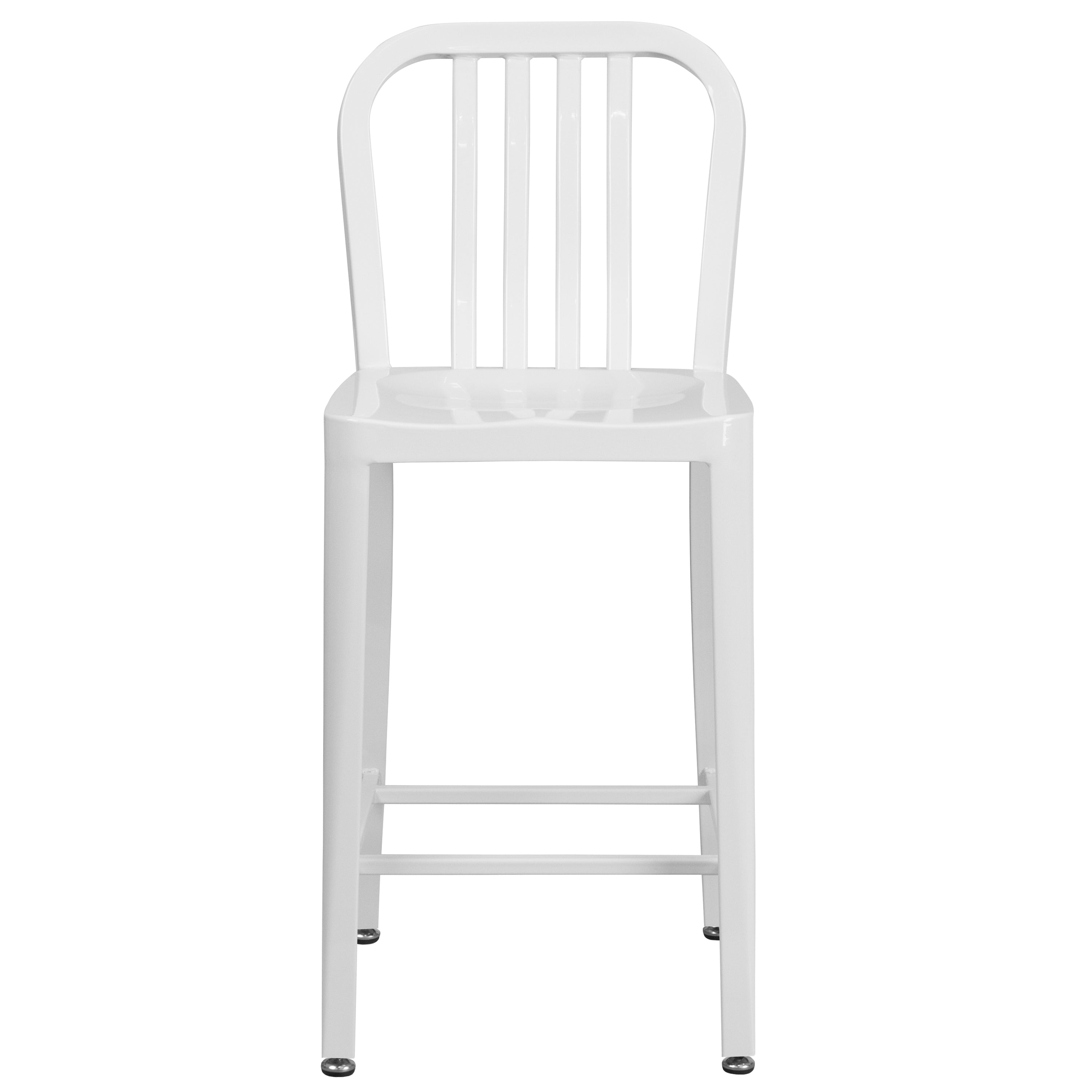 Gael Commercial Grade 24" High White Metal Indoor-Outdoor Counter Height Stool with Vertical Slat Back