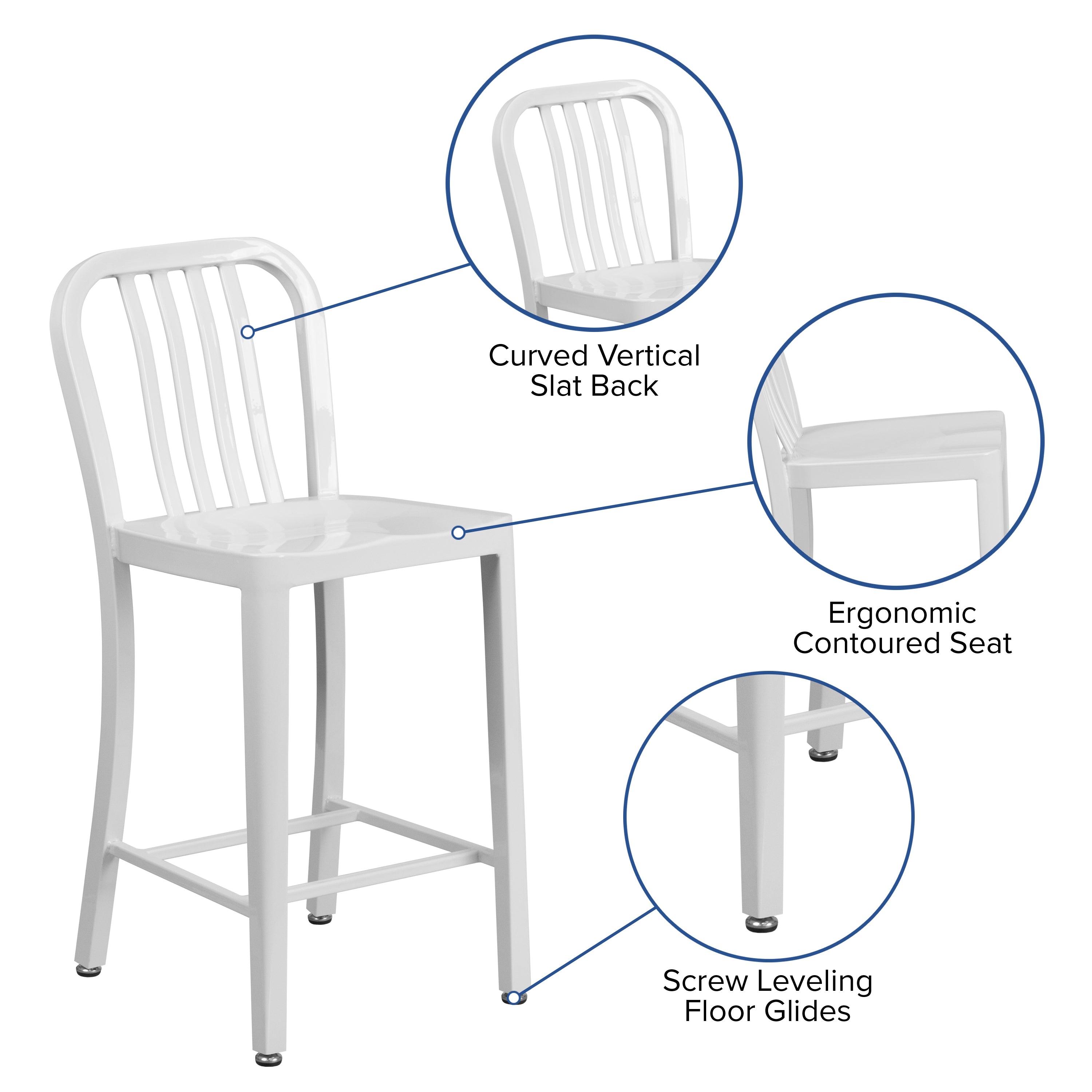 Gael Commercial Grade 24" High White Metal Indoor-Outdoor Counter Height Stool with Vertical Slat Back