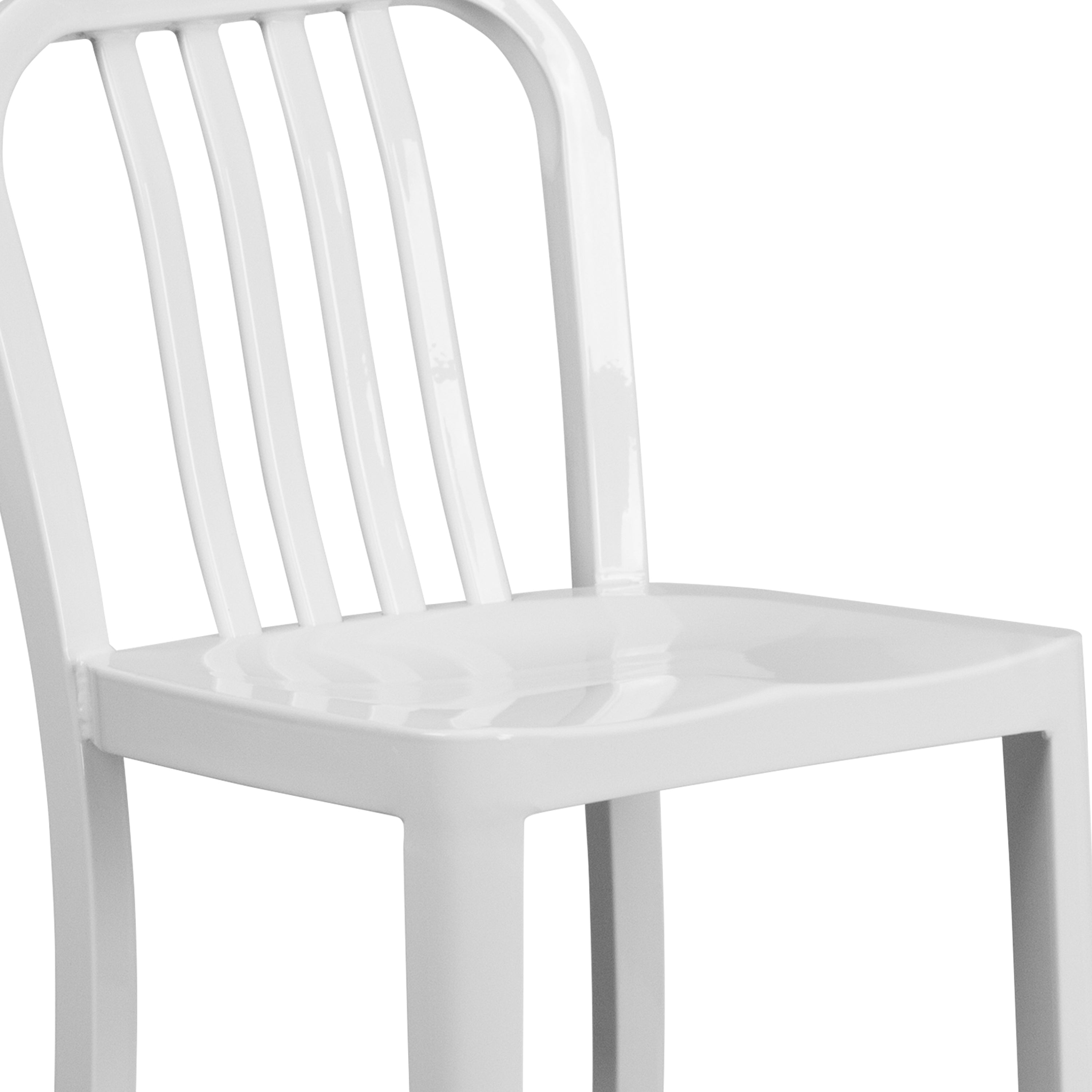 Gael Commercial Grade 24" High White Metal Indoor-Outdoor Counter Height Stool with Vertical Slat Back
