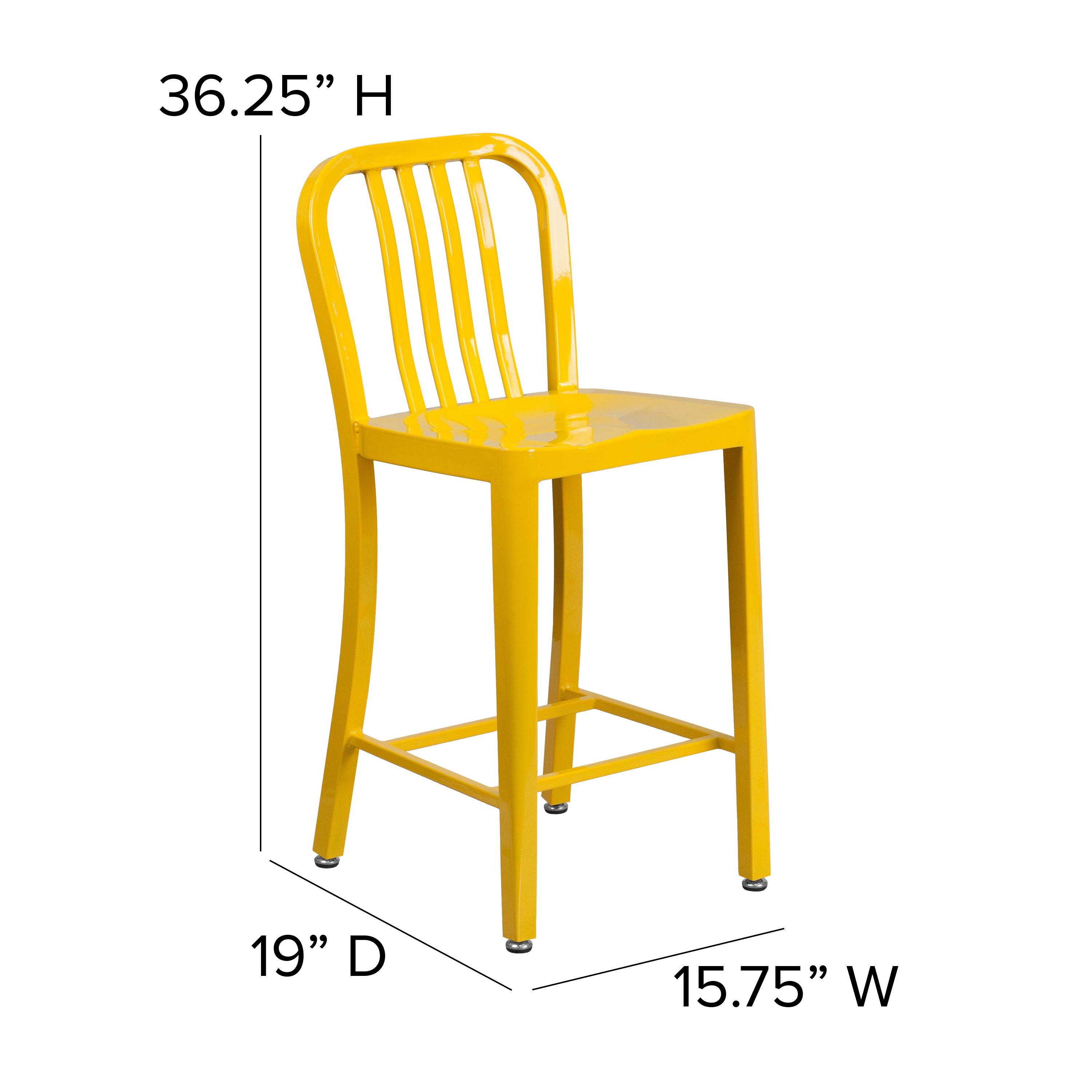 Gael Commercial Grade 24" High Yellow Metal Indoor-Outdoor Counter Height Stool with Vertical Slat Back
