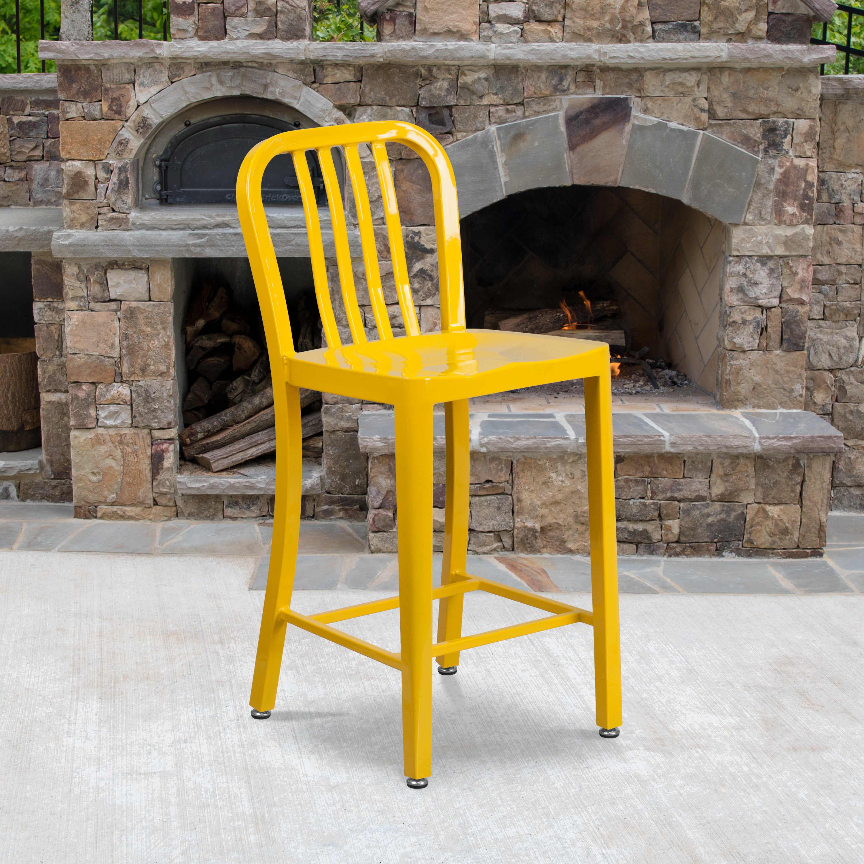 Gael Commercial Grade 24" High Yellow Metal Indoor-Outdoor Counter Height Stool with Vertical Slat Back