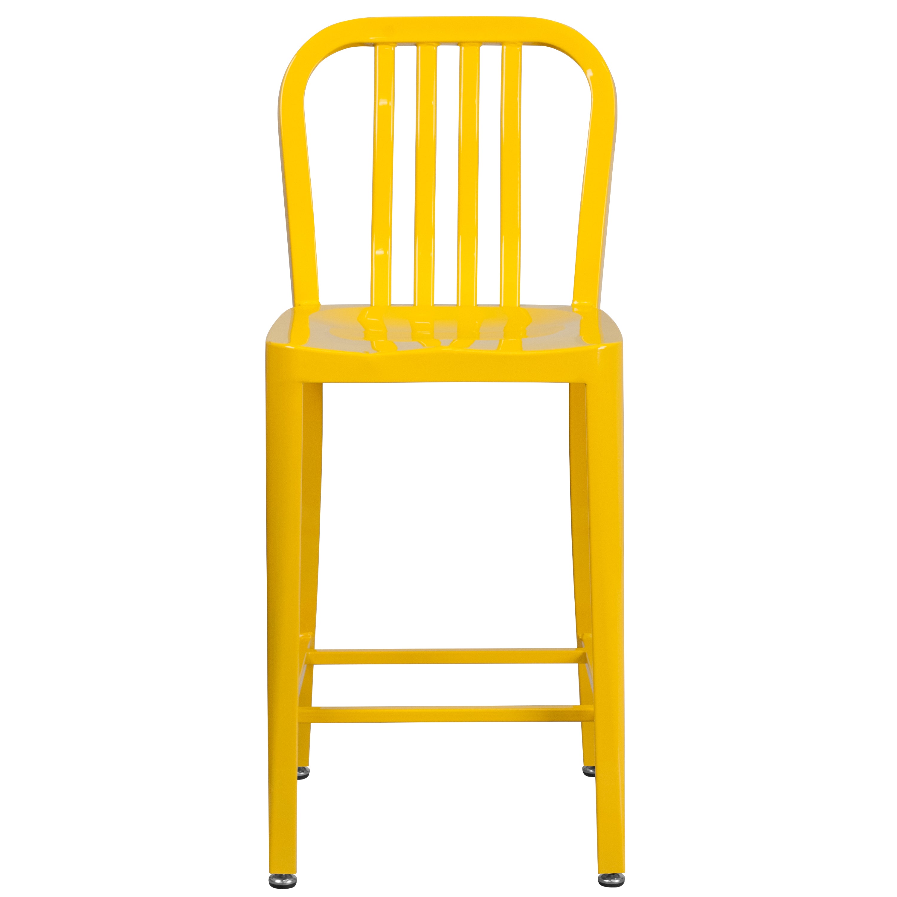 Gael Commercial Grade 24" High Yellow Metal Indoor-Outdoor Counter Height Stool with Vertical Slat Back