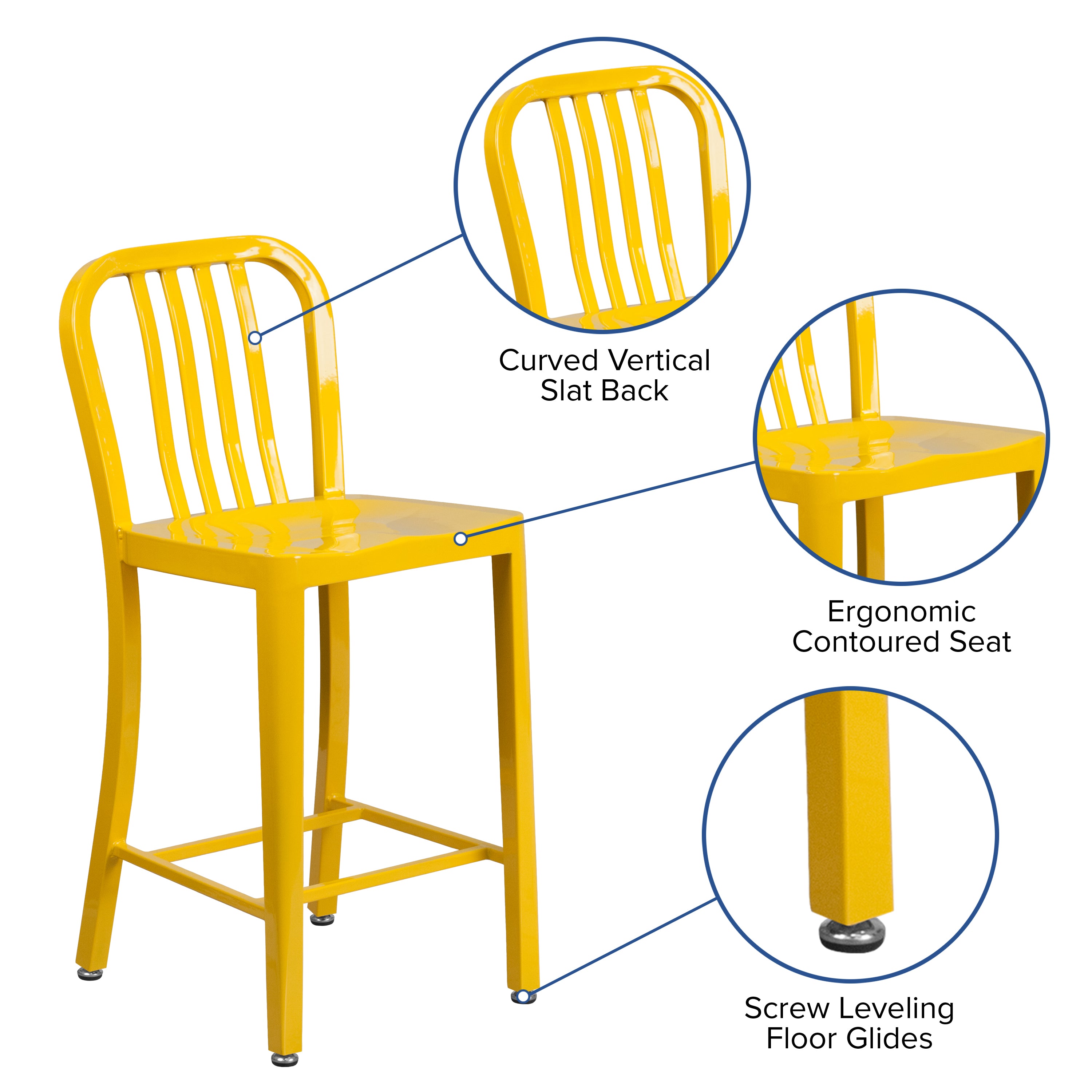 Gael Commercial Grade 24" High Yellow Metal Indoor-Outdoor Counter Height Stool with Vertical Slat Back