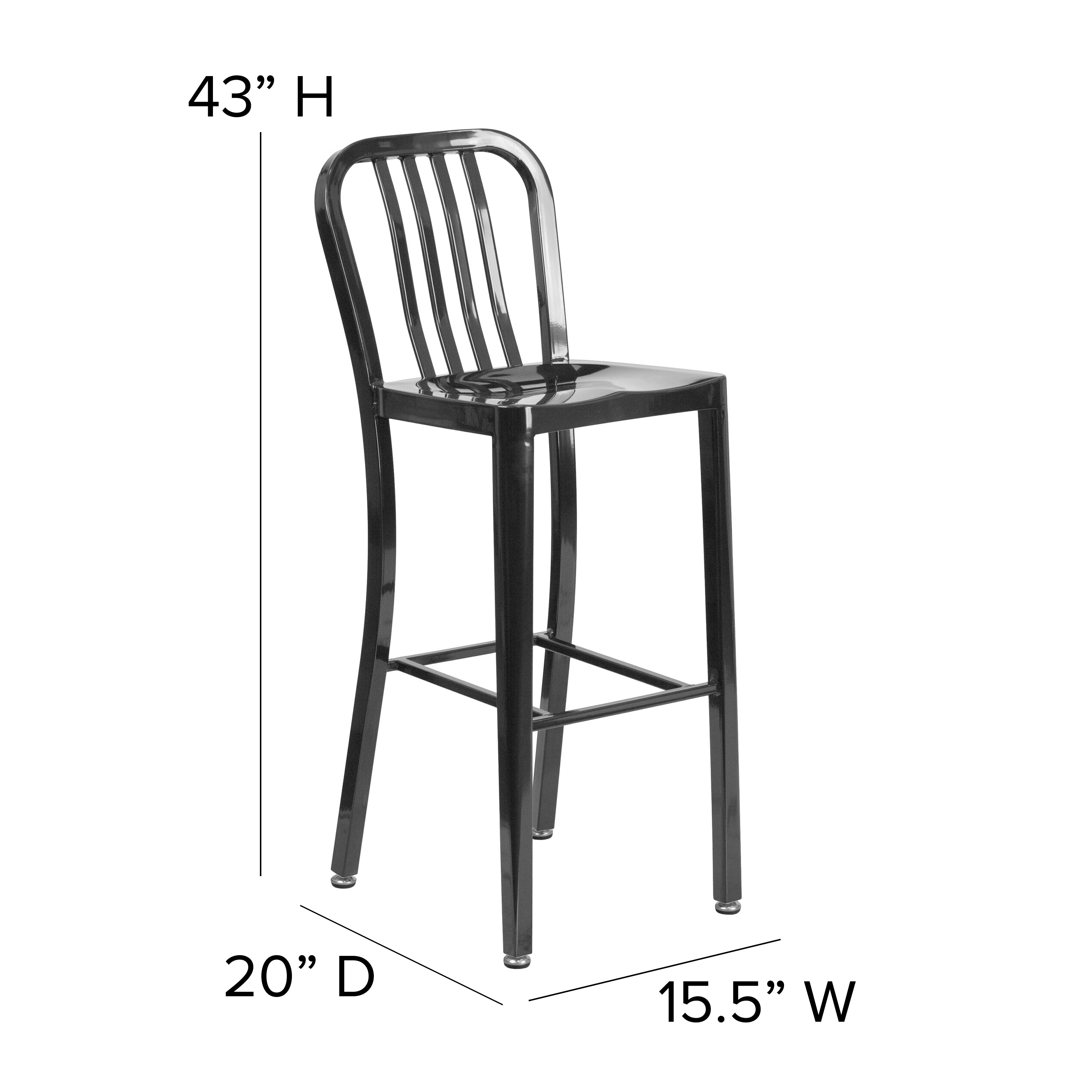Gael Commercial Grade 30" High Black Metal Indoor-Outdoor Barstool with Vertical Slat Back