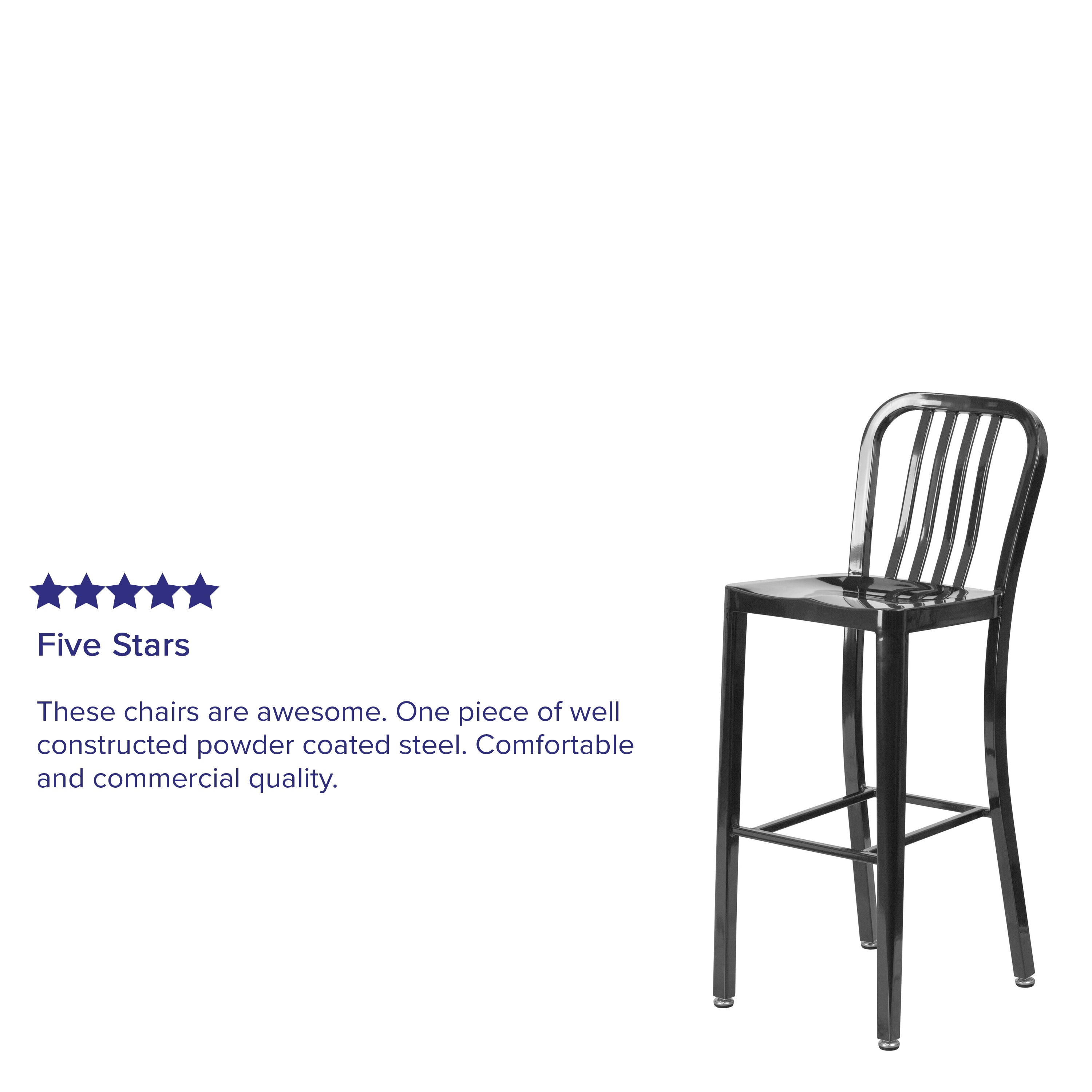 Gael Commercial Grade 30" High Black Metal Indoor-Outdoor Barstool with Vertical Slat Back