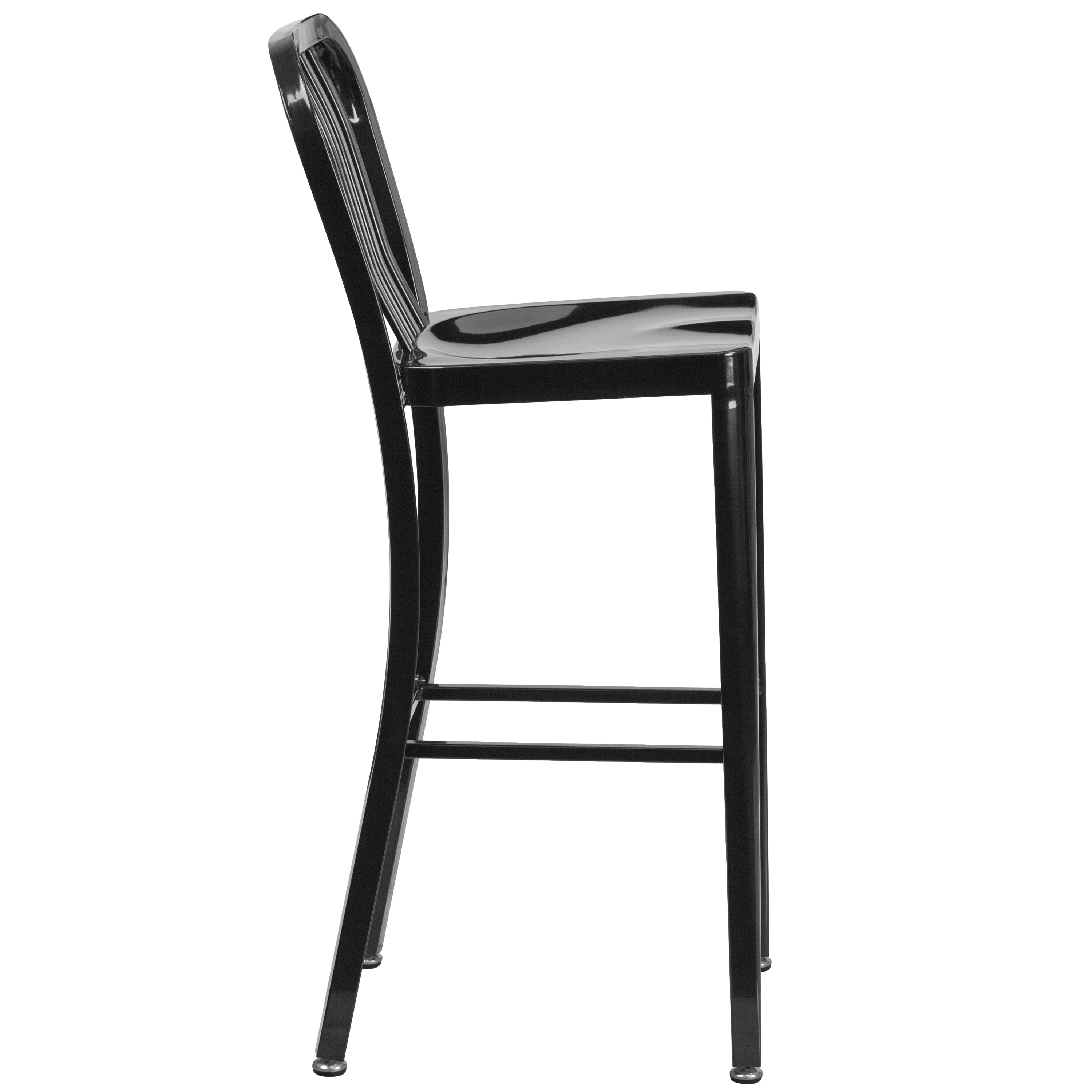 Gael Commercial Grade 30" High Black Metal Indoor-Outdoor Barstool with Vertical Slat Back