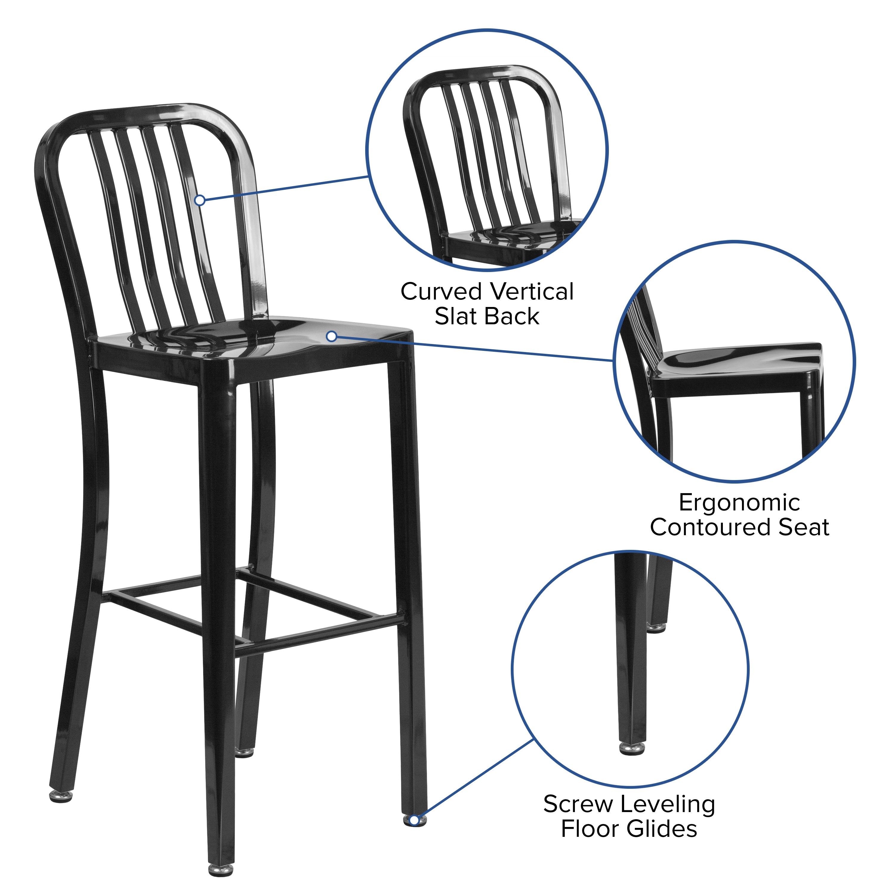 Gael Commercial Grade 30" High Black Metal Indoor-Outdoor Barstool with Vertical Slat Back