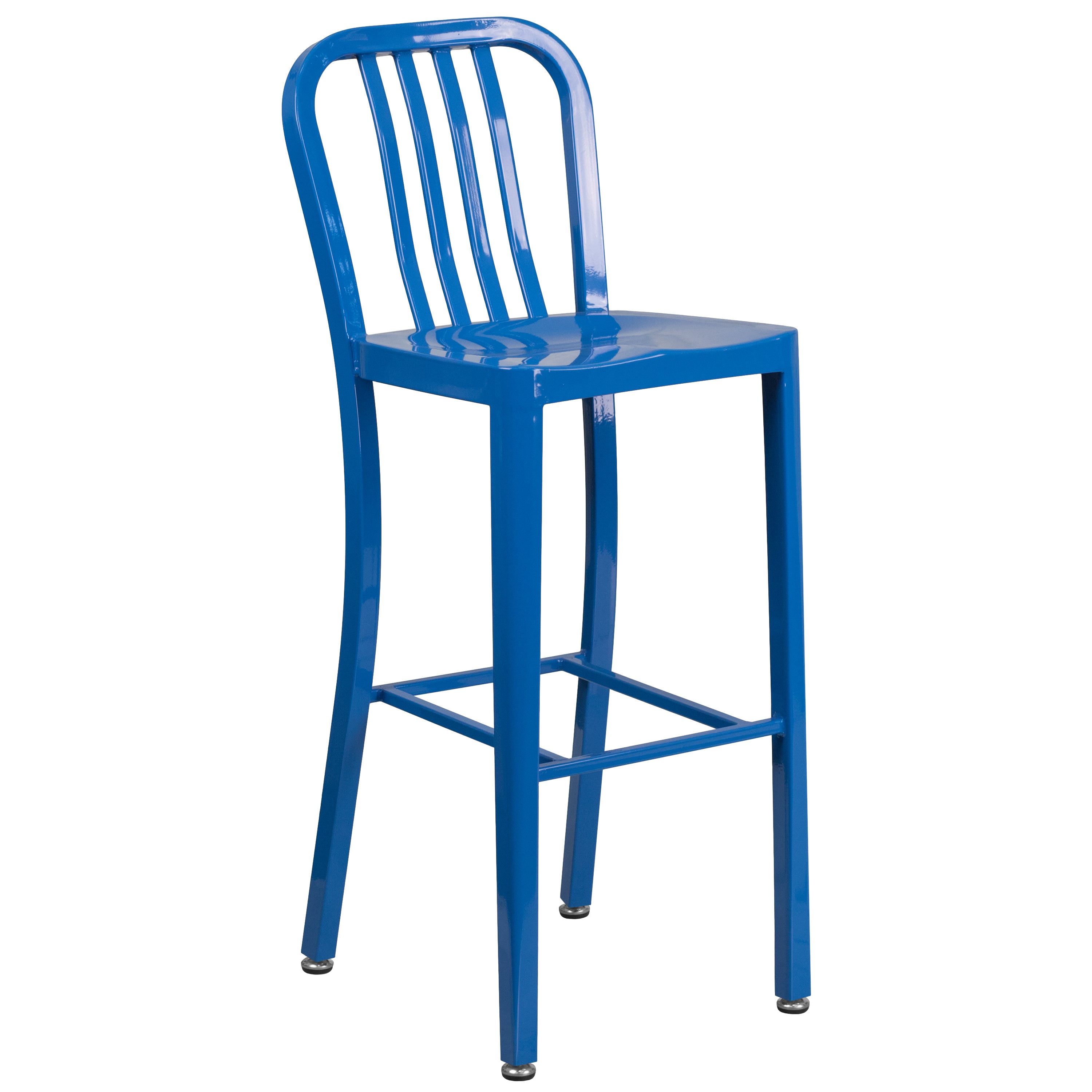 Gael Commercial Grade 30" High Blue Metal Indoor-Outdoor Barstool with Vertical Slat Back