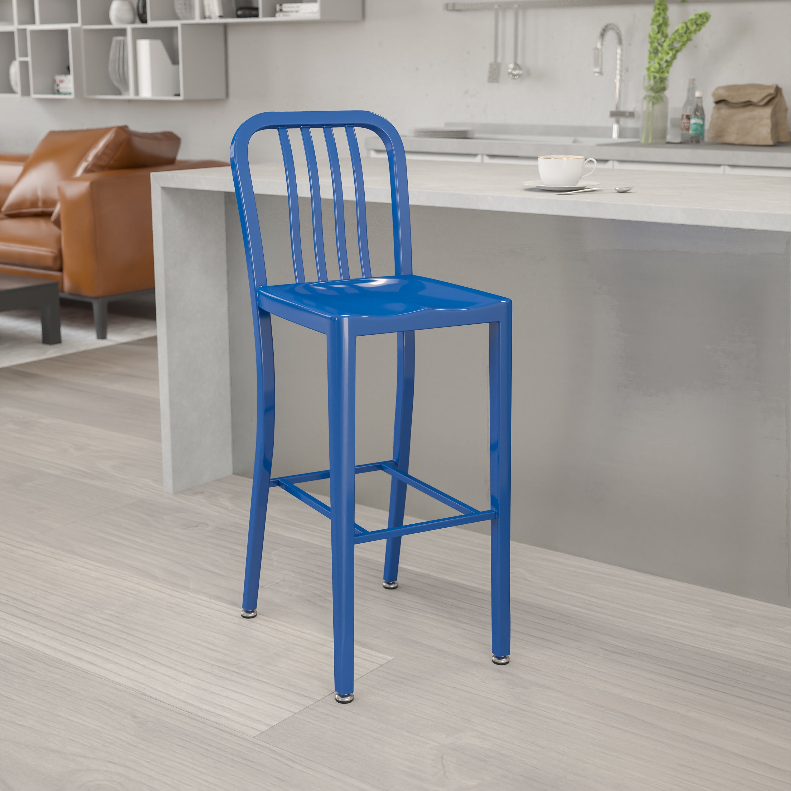 Gael Commercial Grade 30" High Blue Metal Indoor-Outdoor Barstool with Vertical Slat Back
