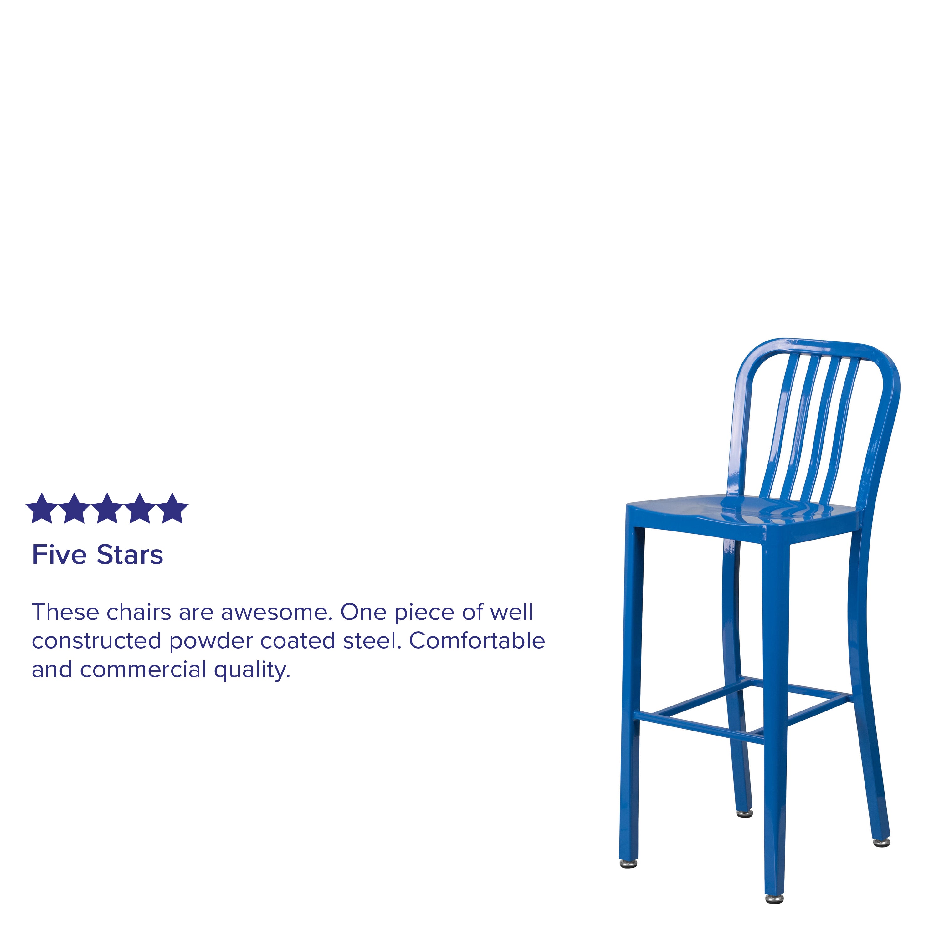 Gael Commercial Grade 30" High Blue Metal Indoor-Outdoor Barstool with Vertical Slat Back